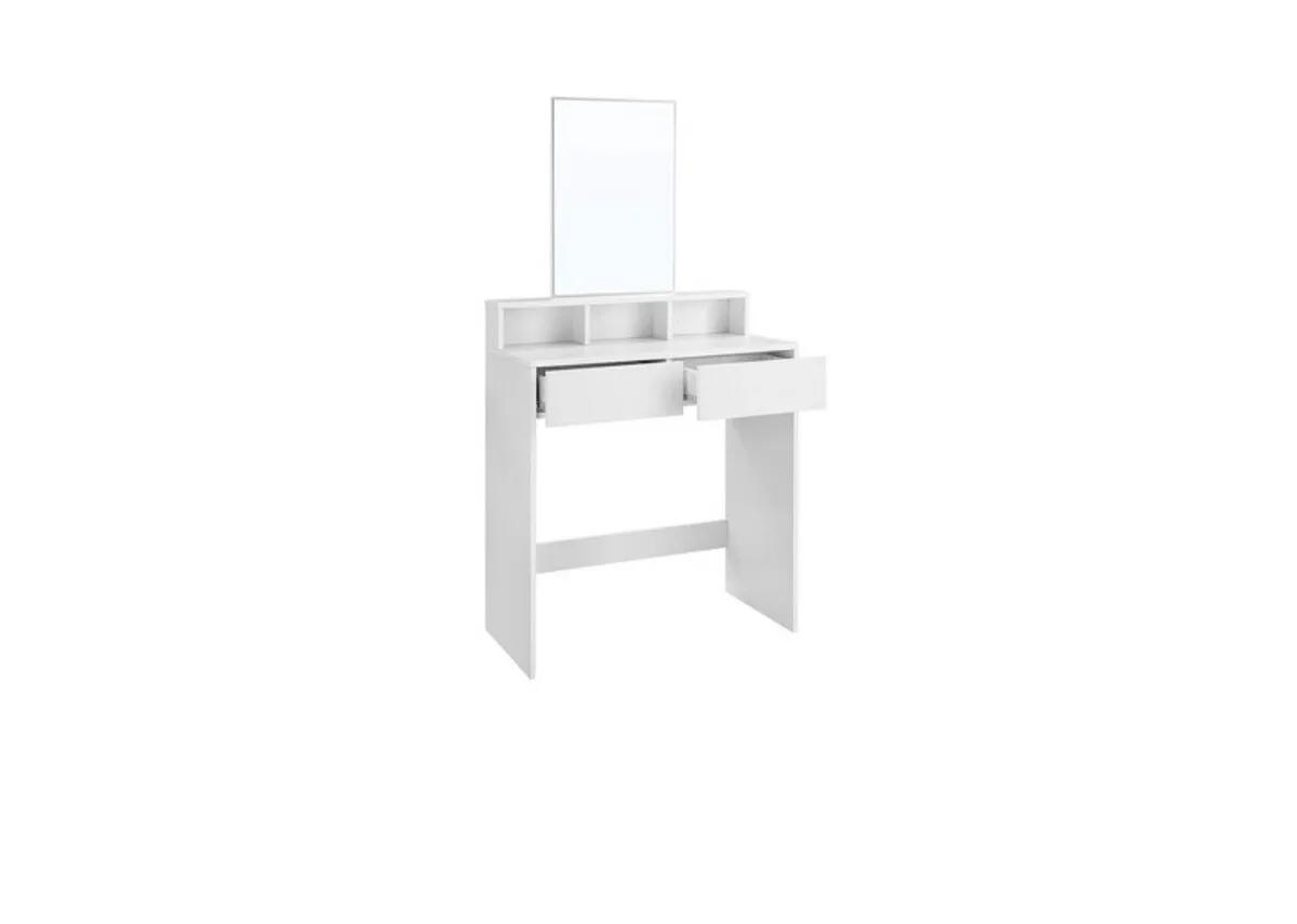 A white dressing ntable with 2 drawers and a rectangular mirror from EZ Livings Genie range. Angled view of drawers open and cubby space.