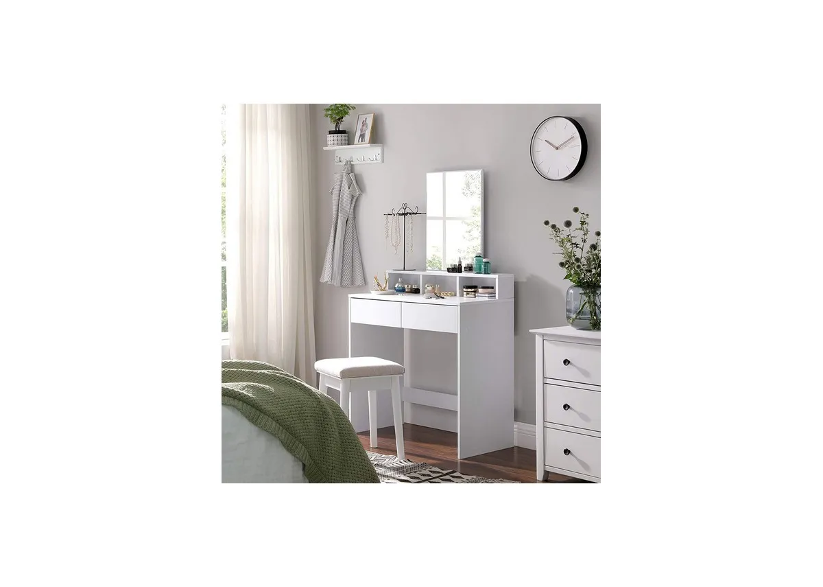 A lifestyle image of the Genie dressing table in a plain white bedroom offering storage for makeup and with a stiol not included.