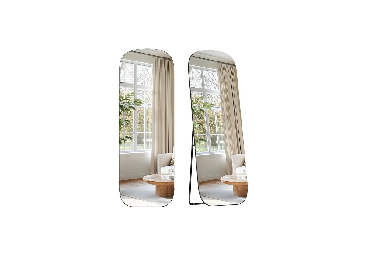 A black framed free standing mirror from EZ Livings Runway range. Front and side view of mirror.