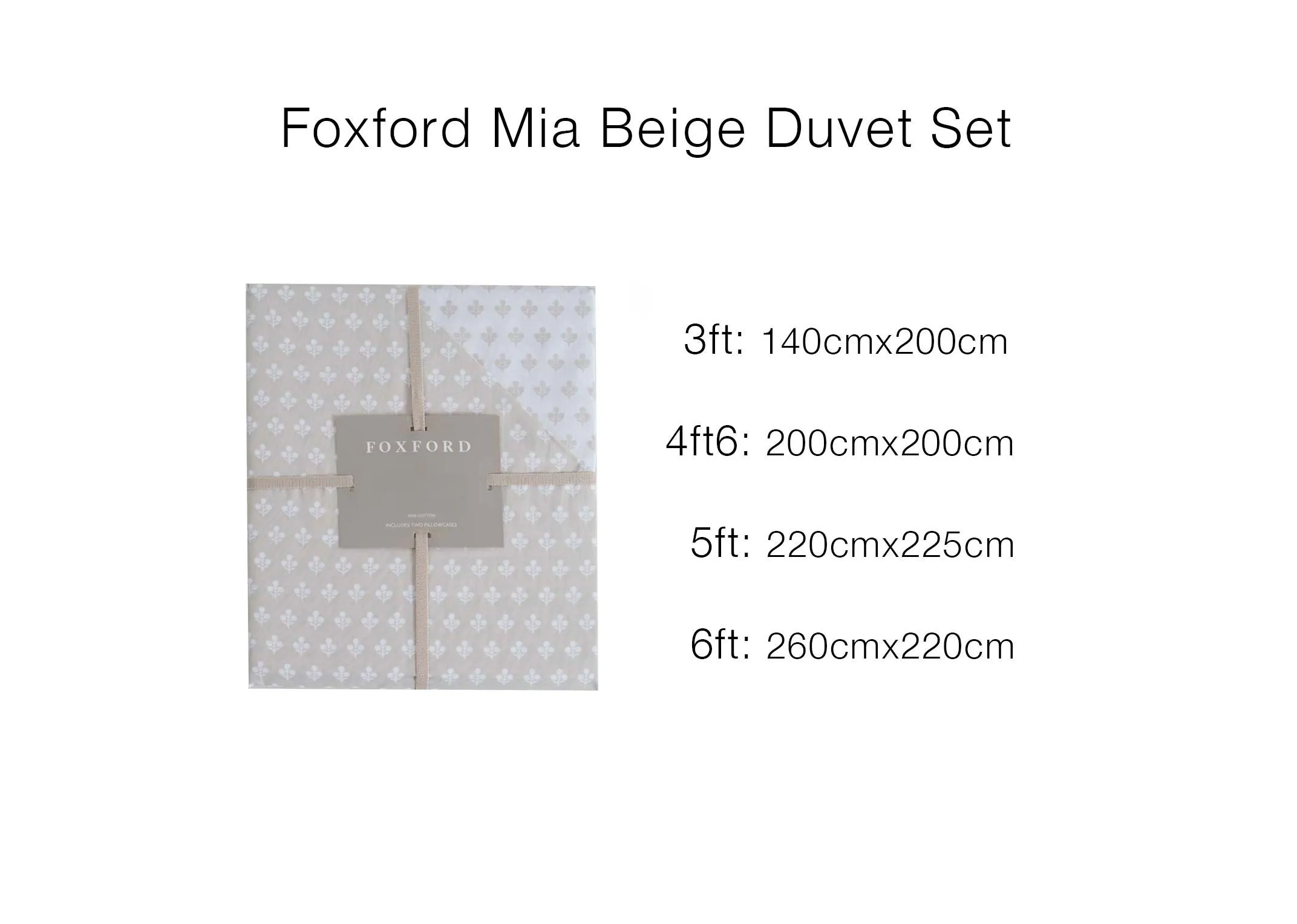 A dimension image of the Foxford Beige Duvet Set with 220cm x 225cm