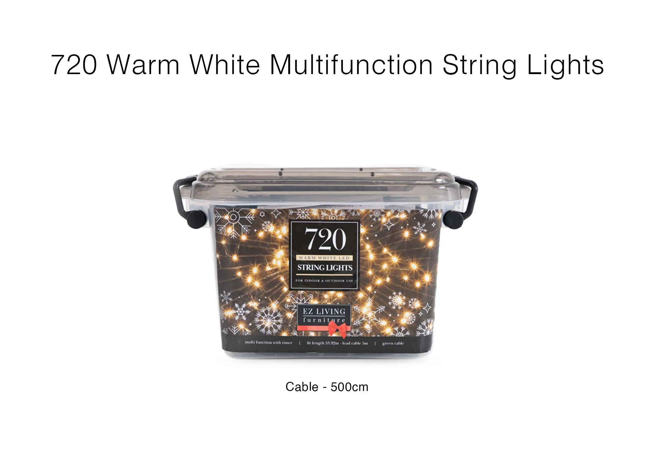 A dimension image of the 720 Warm white string lights with 5m Cable