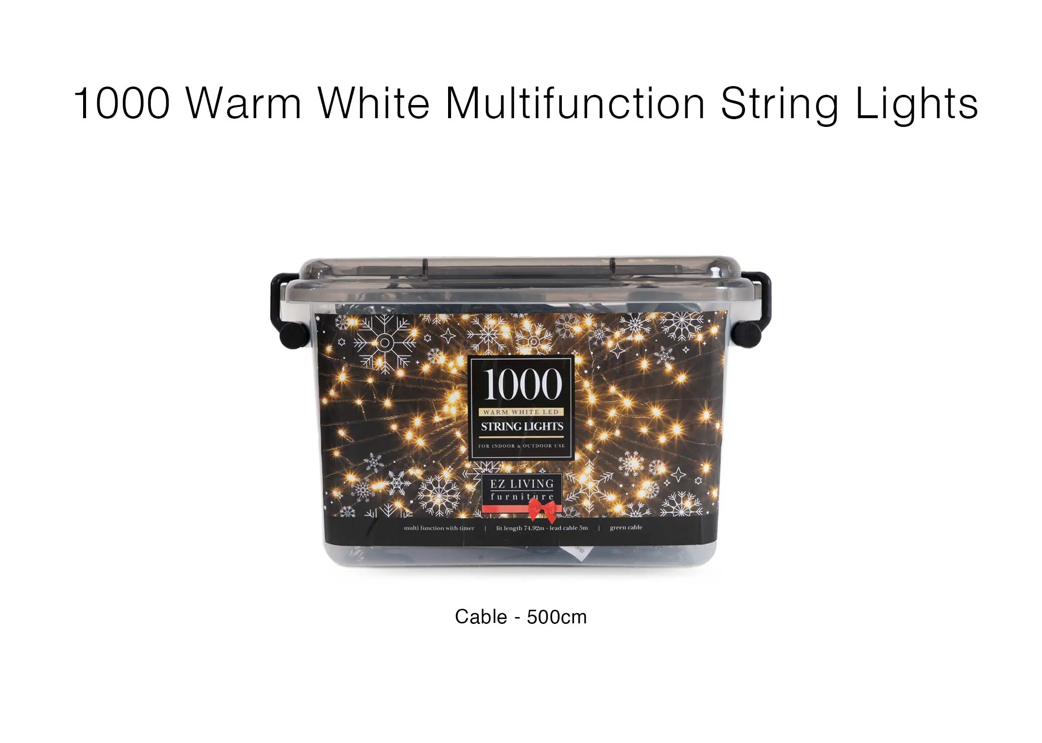 A dimension image of the 1000 warm white string lights with 5m cable