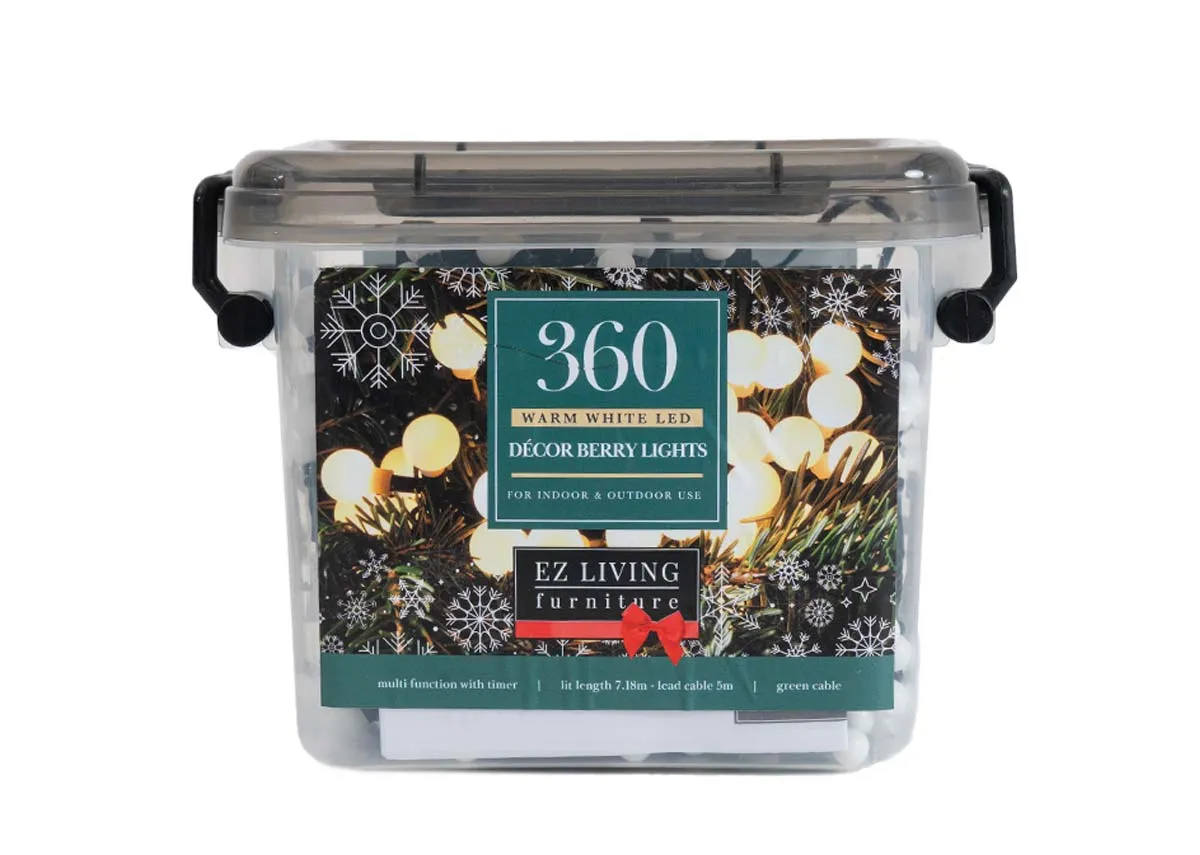 A lifetsyle image of the 360 berry christmas lights in warm white.