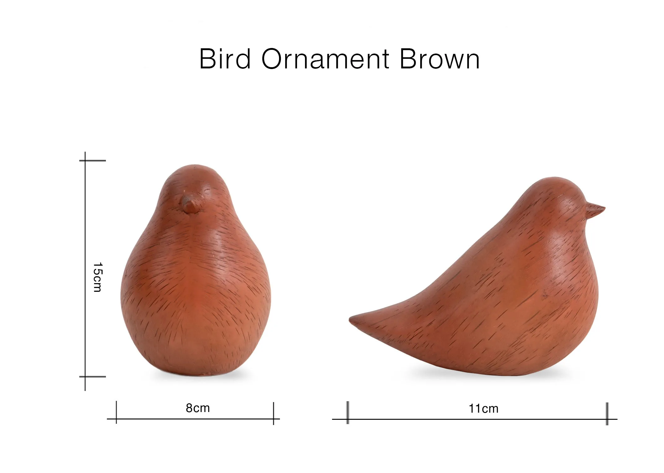 A dimension image of the Bird Ornament with 8cm x 11cm x 15cm