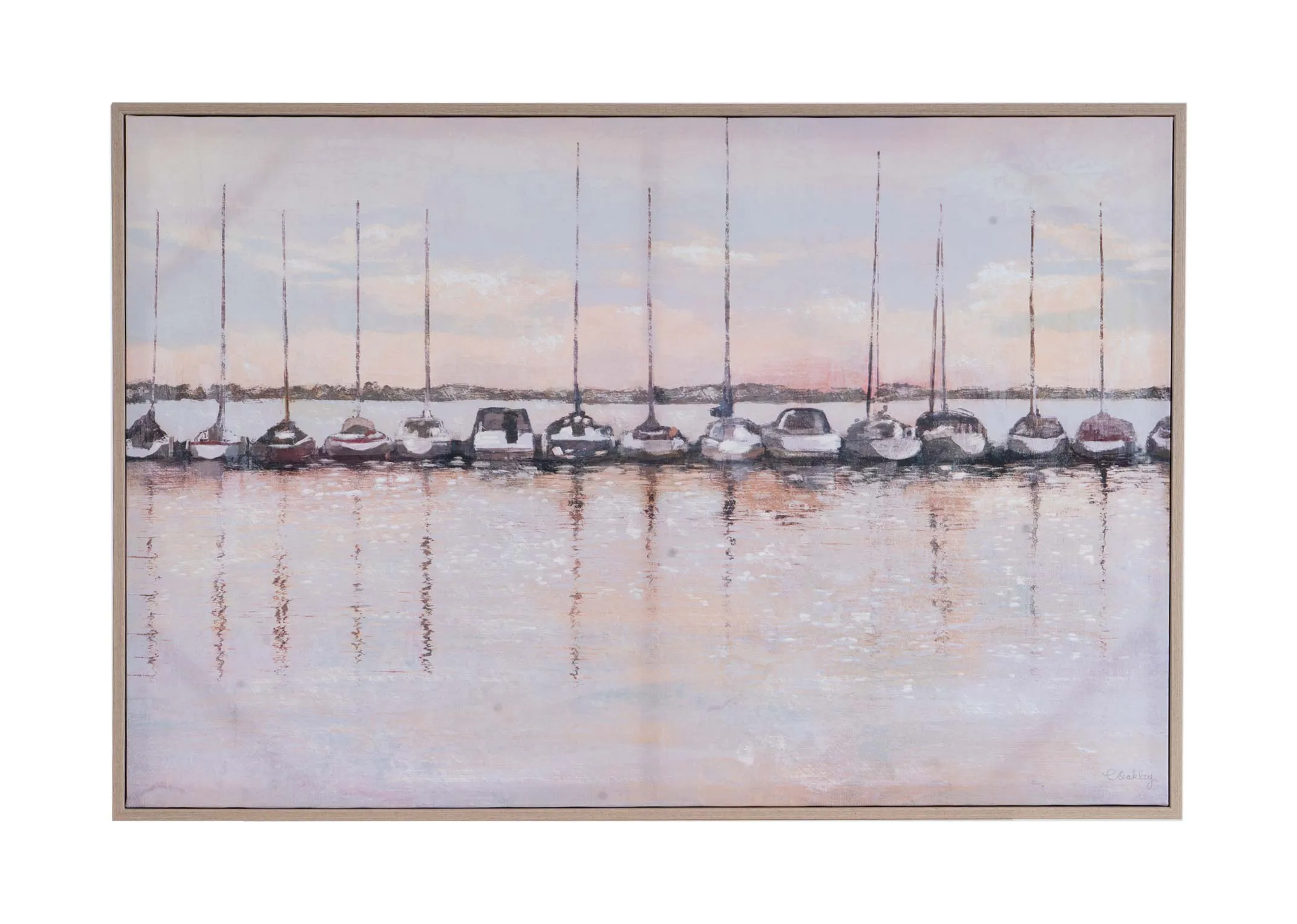 A framed canvas of a Marina seeting at Dawn with boats lined up in still water. Front view