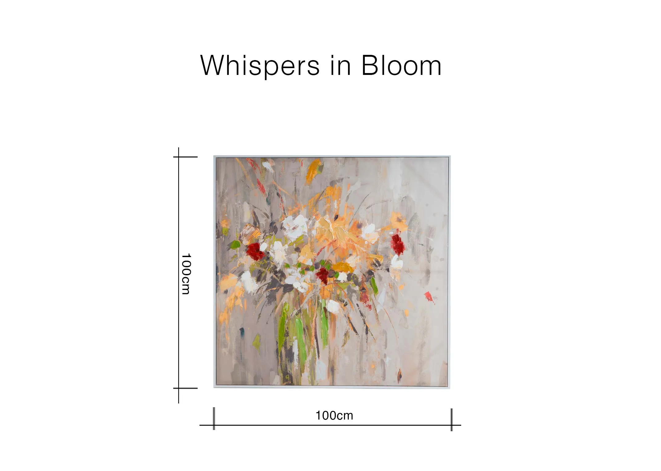 A dimension image of the Whispers In Bloom canvas with 100cm x 100cm