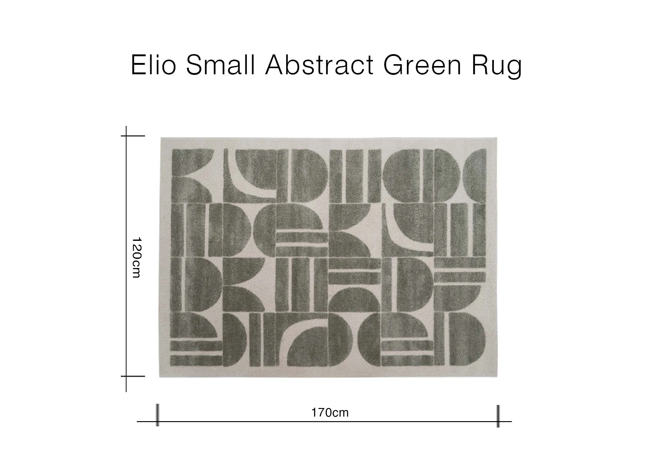 A dimension image of the Elio Green rug with 120cm x 170cm