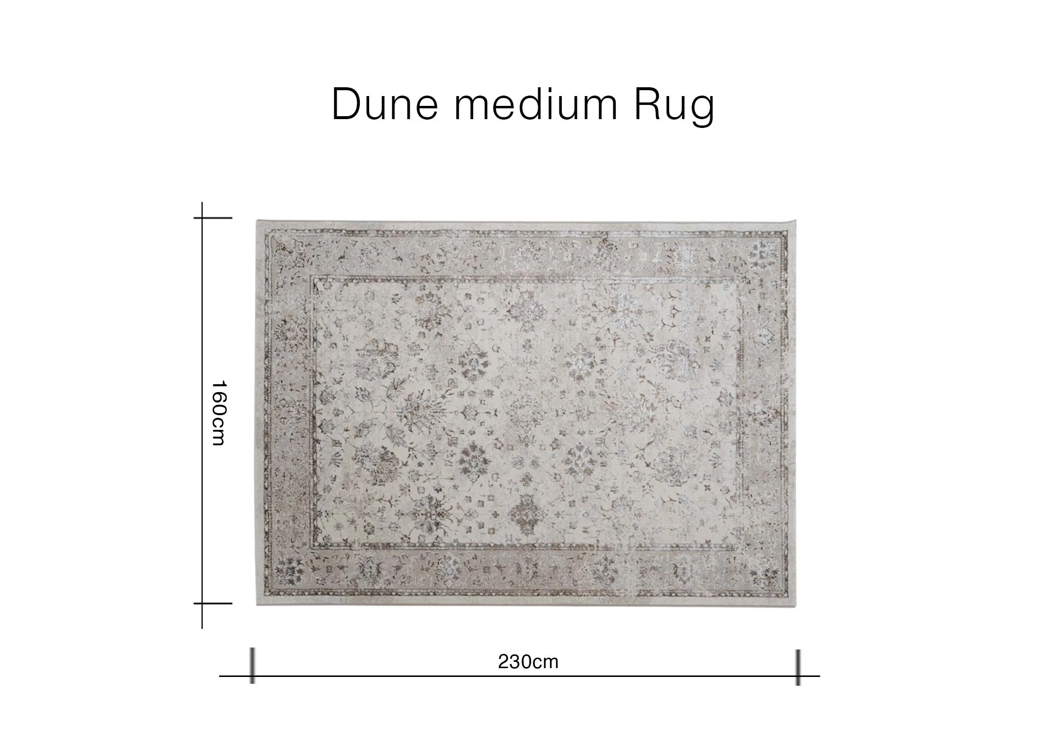 A dimension image of the Dune Medium rug with 230cm x 160cm
