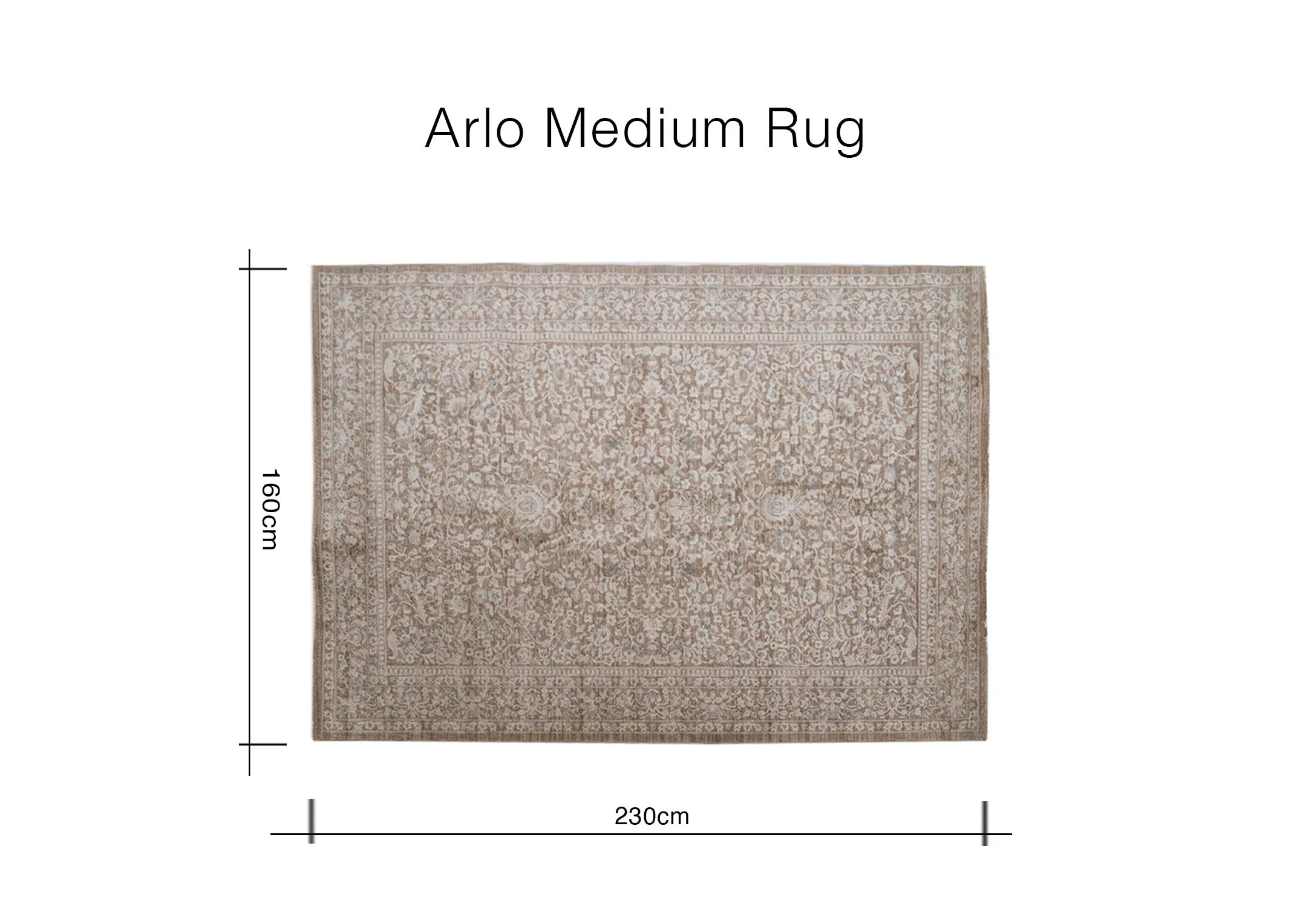 A dimension image of the Arlo Medium rug with 230cm x 160cm