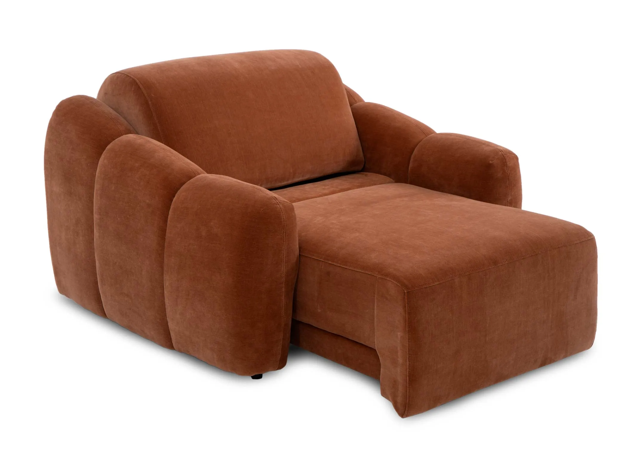 A rust orange armchair from EZ Livings Eleanor range.Angled view of chaise reclined