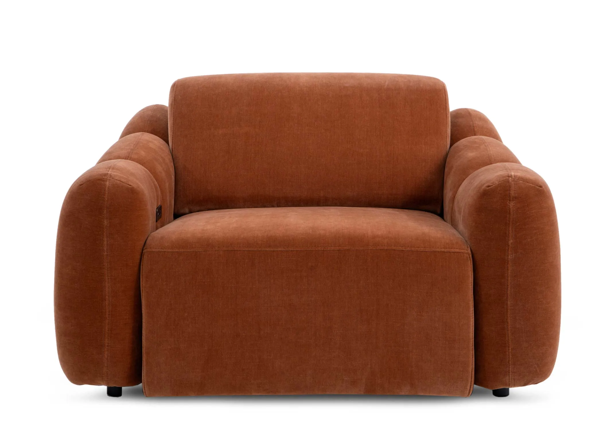 A rust orange armchair from EZ Livings Eleanor range.Front view of padded seat