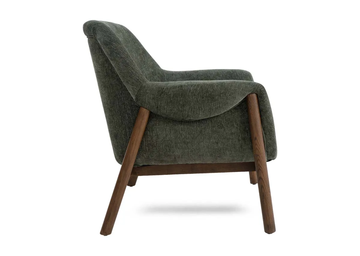 A dimension image of the Rumi green fabric lounge chair with 