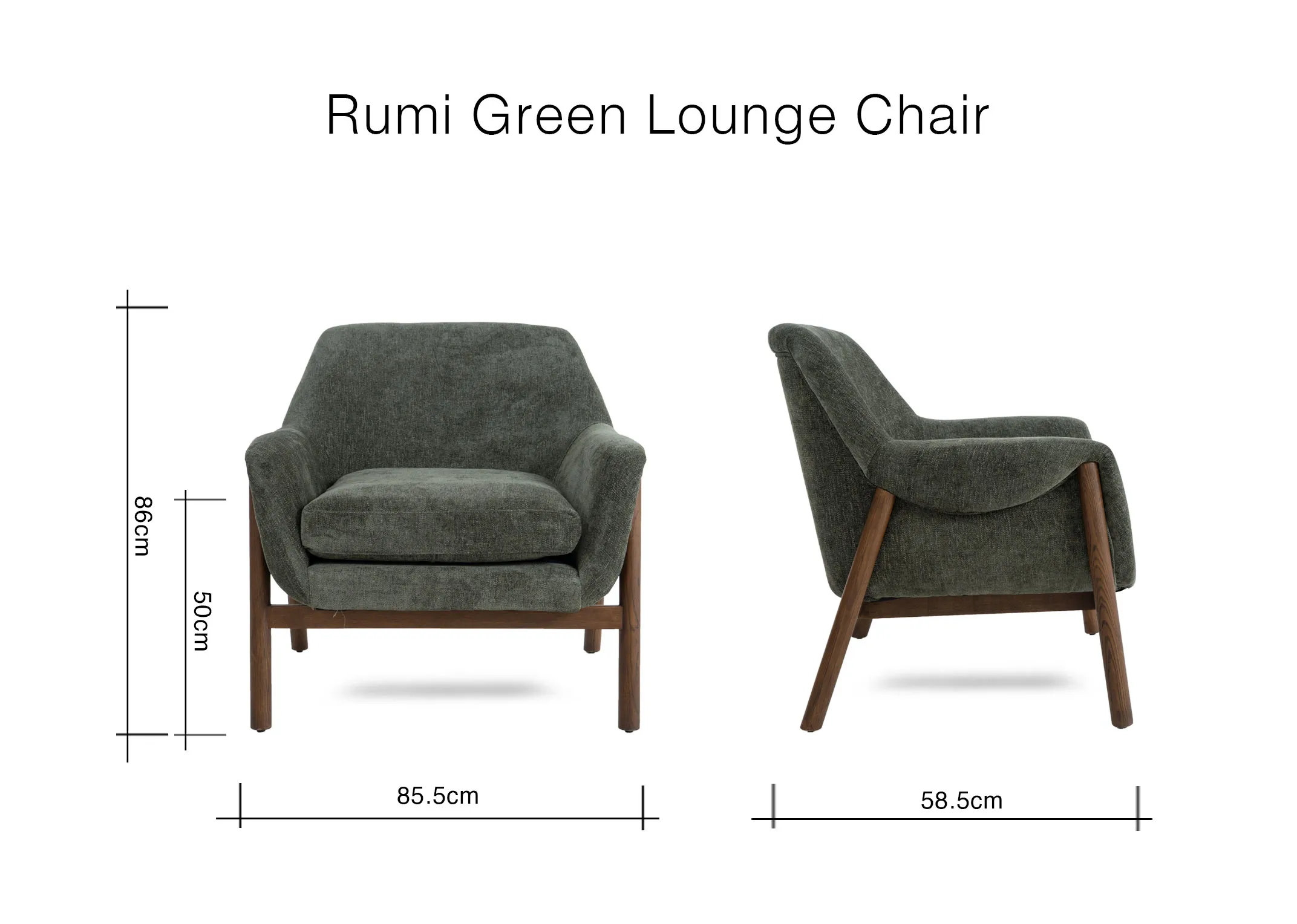 A dimension image of the Rumi green fabric lounge chair with