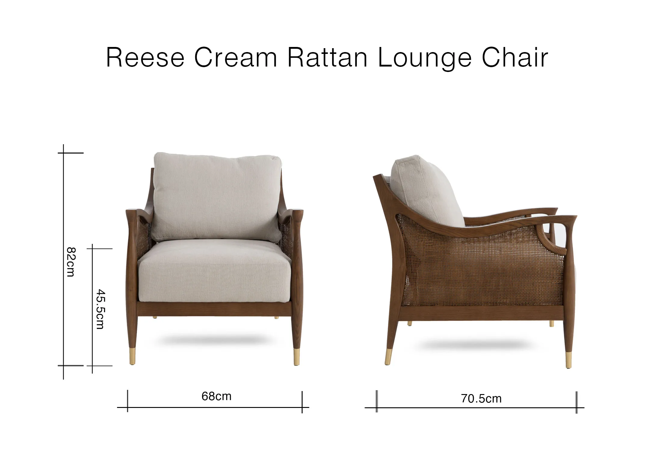 A dimension image of the Reese Lounge Chair with 68cm x 70.5cm x 83cm