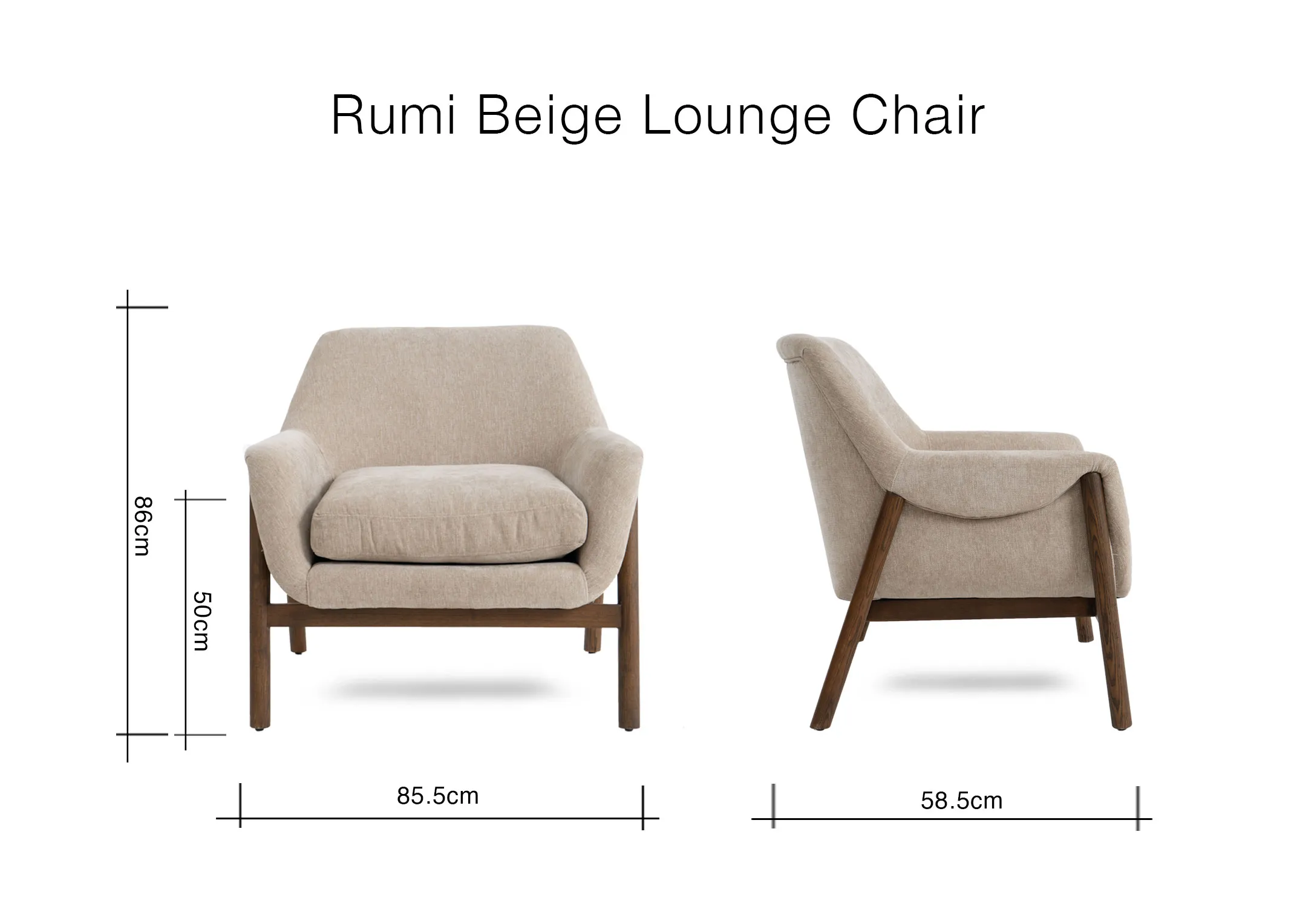 A dimension image of the Rumi beige chair with 85.5cm x 58.5cm