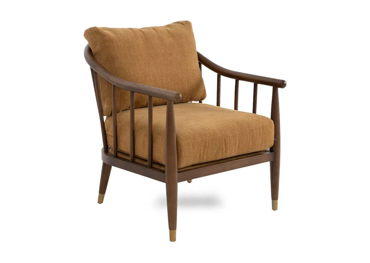 A brown woo spindle frame chair with gold fabric cushion from EZ Livings Rhea range. Angled view