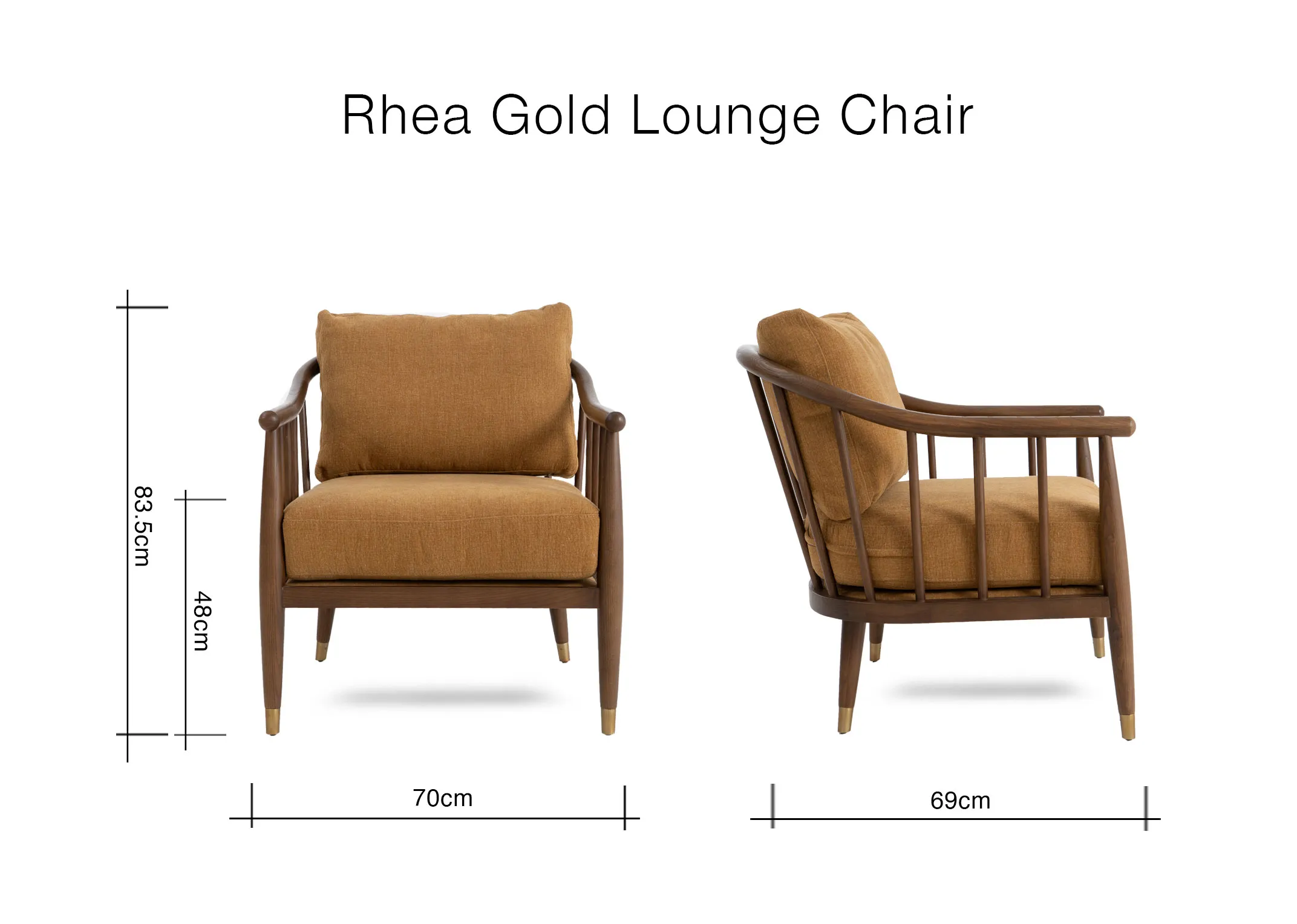 A dimension image of the Rhea Gold Armchair with 70cm x 69cm