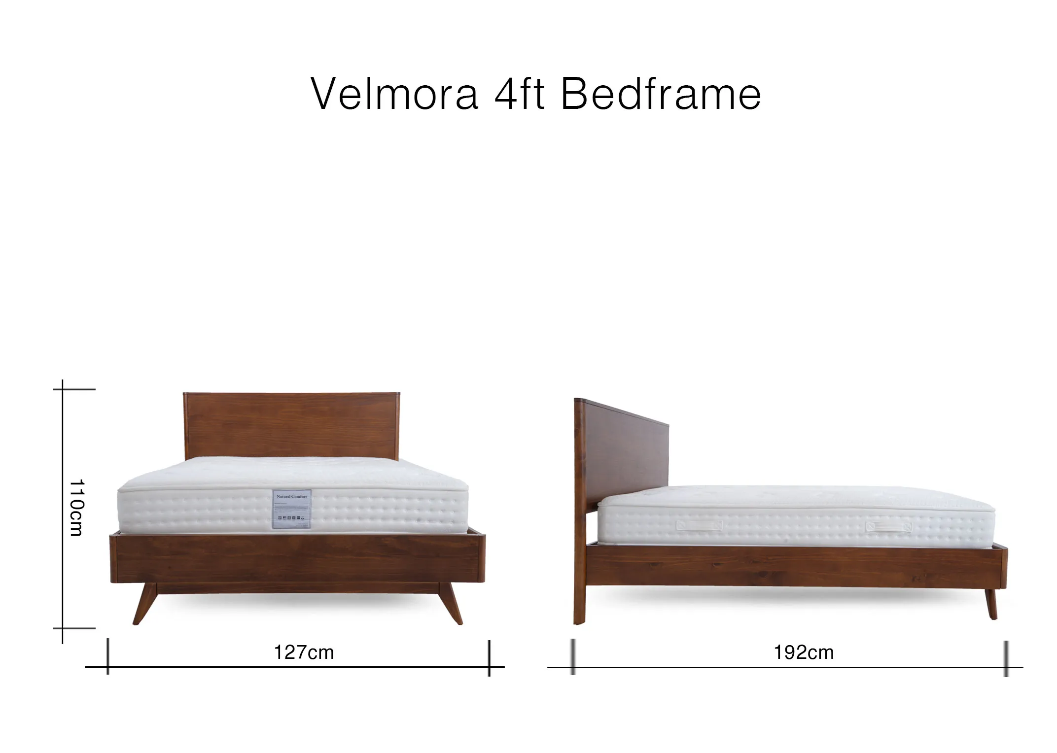 A dimension image of the Velmora bed with 127cm x 192cm x 110cm