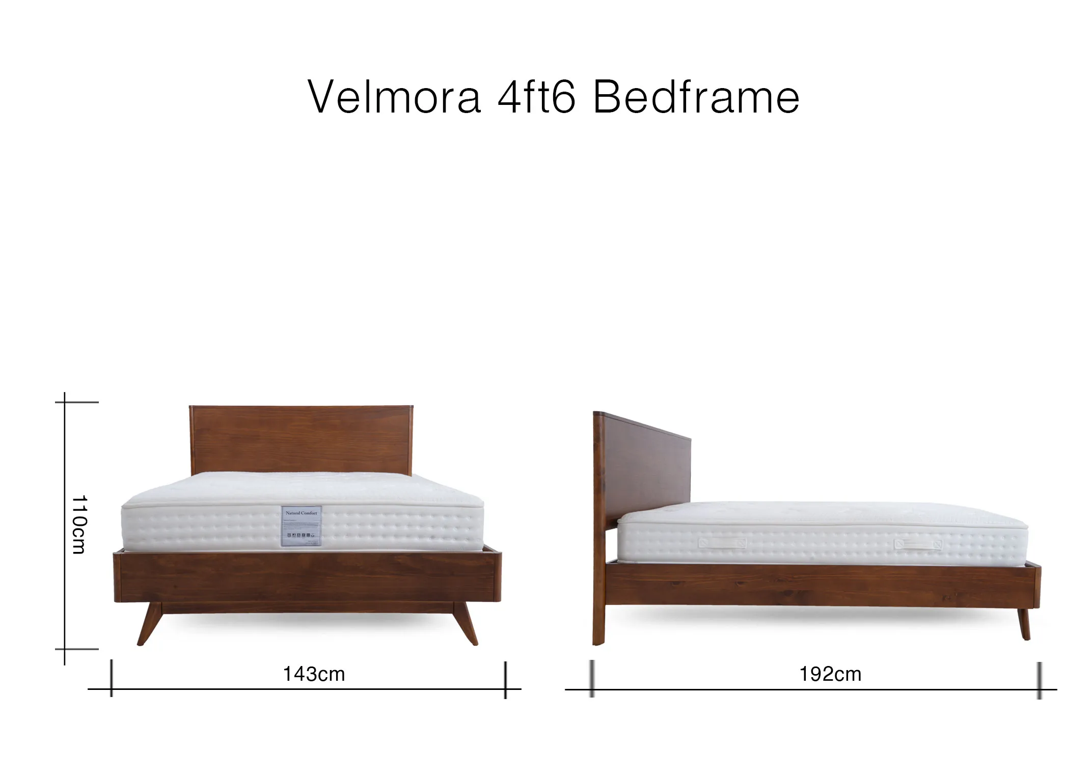 A dimension image of the Velmora Bedframe with 143cm x 192cm