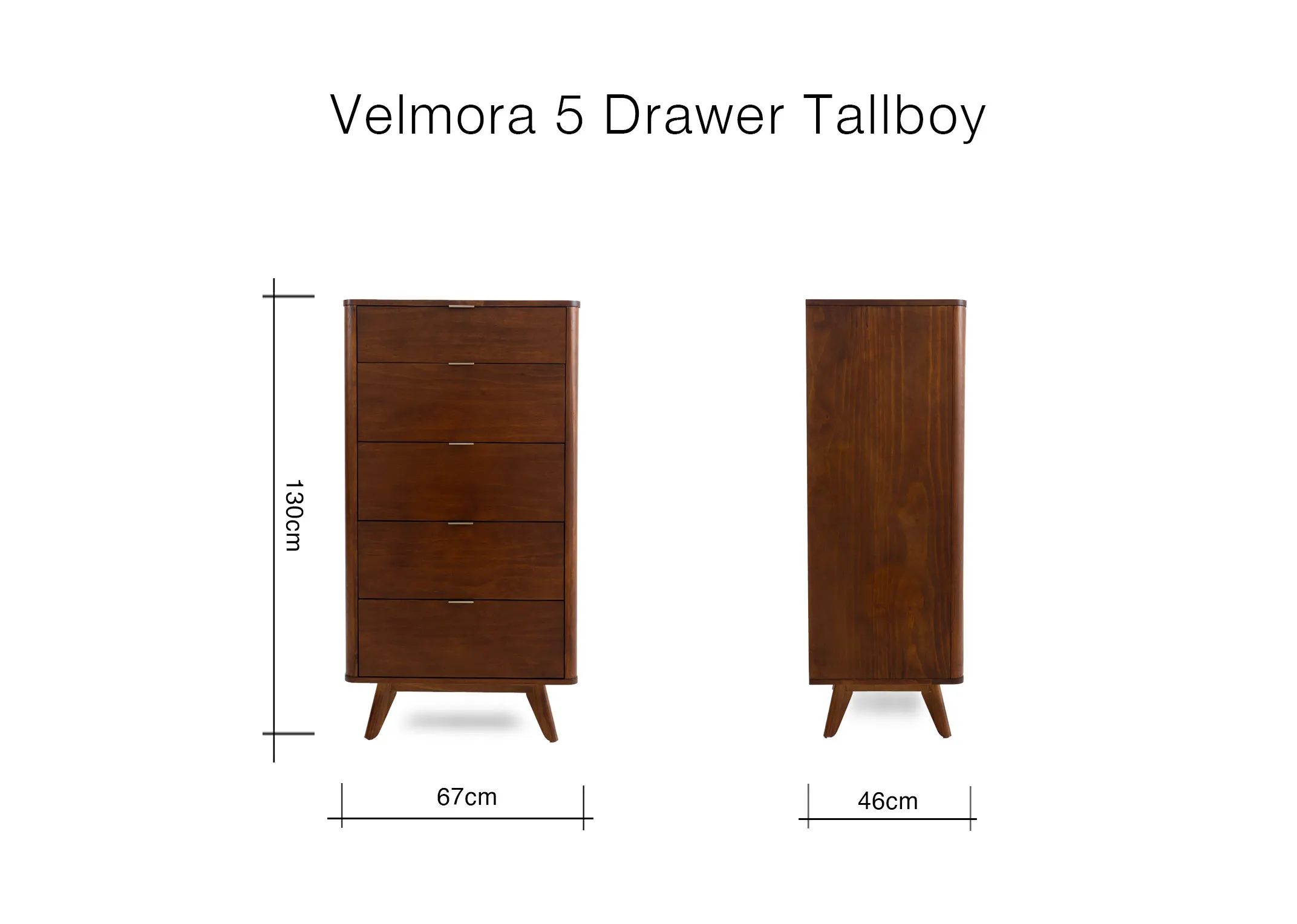 A dimension image of the Velmora Tallboy with 67cm x 46cm x 130cm
