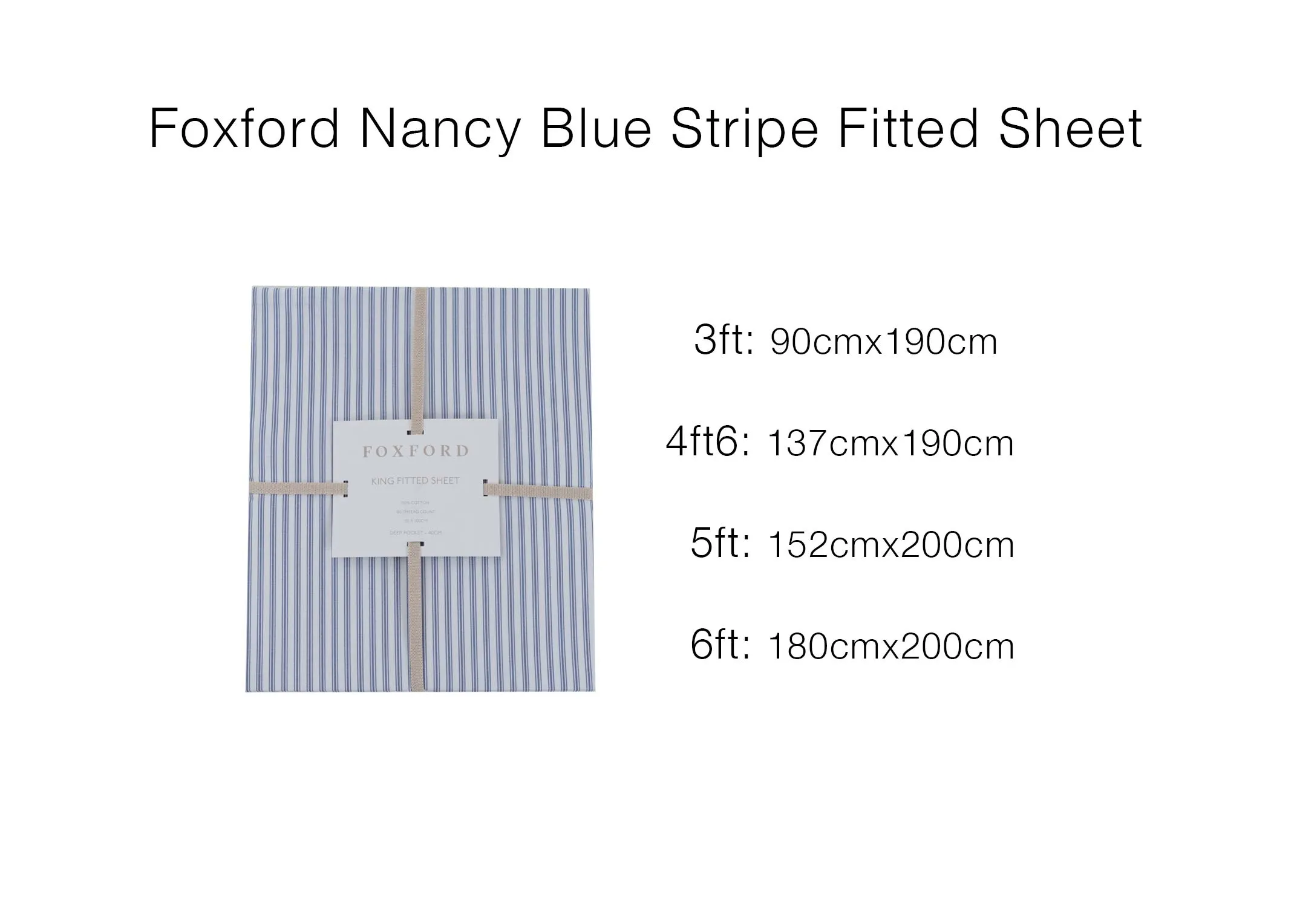 A dimension image of the Foxford Nancy Stripe fitted sheet with 152cm x 200cm