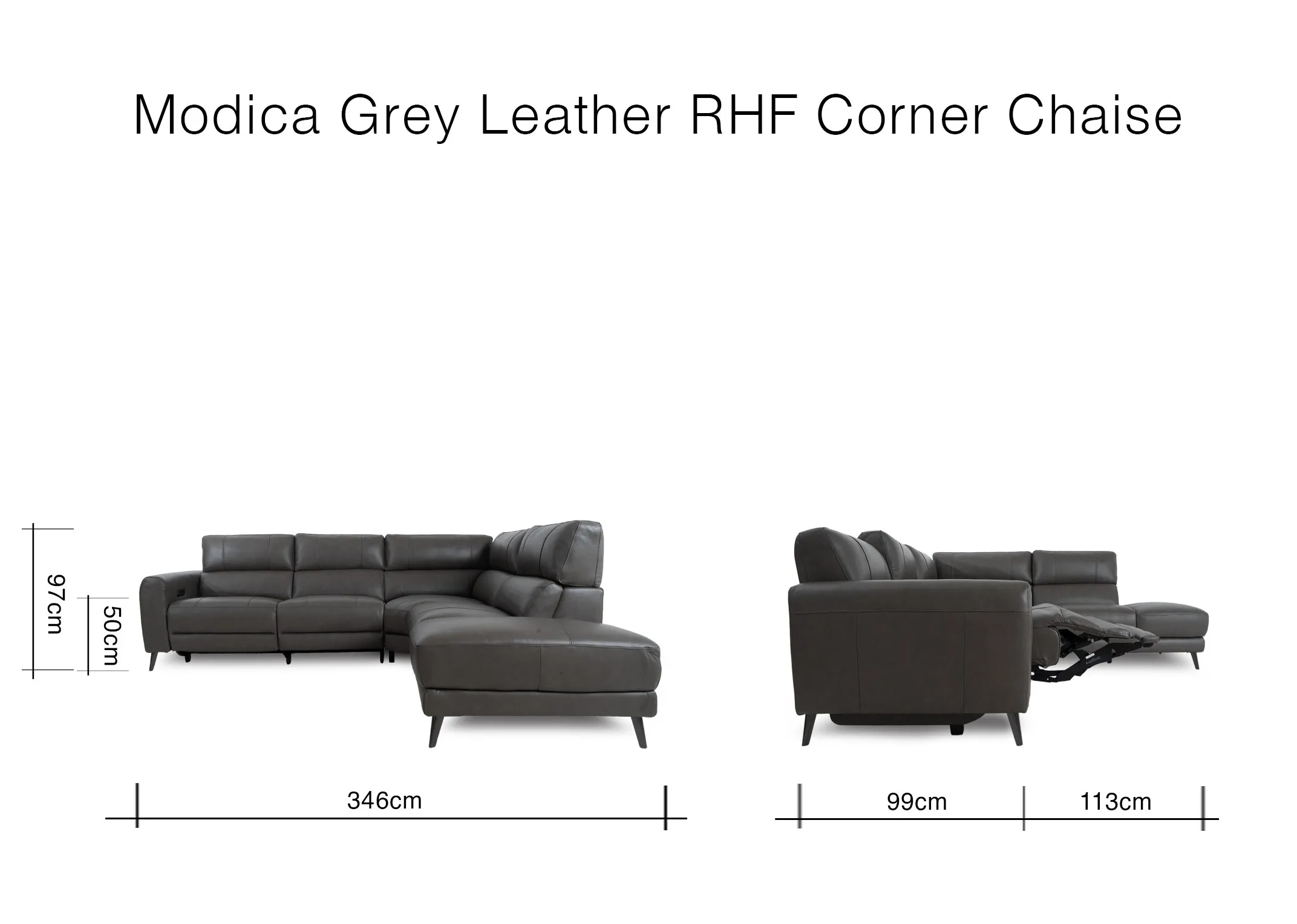 A dimension image of the Modica LHF Corner Chaise with 346cm x 113cm x 99cm