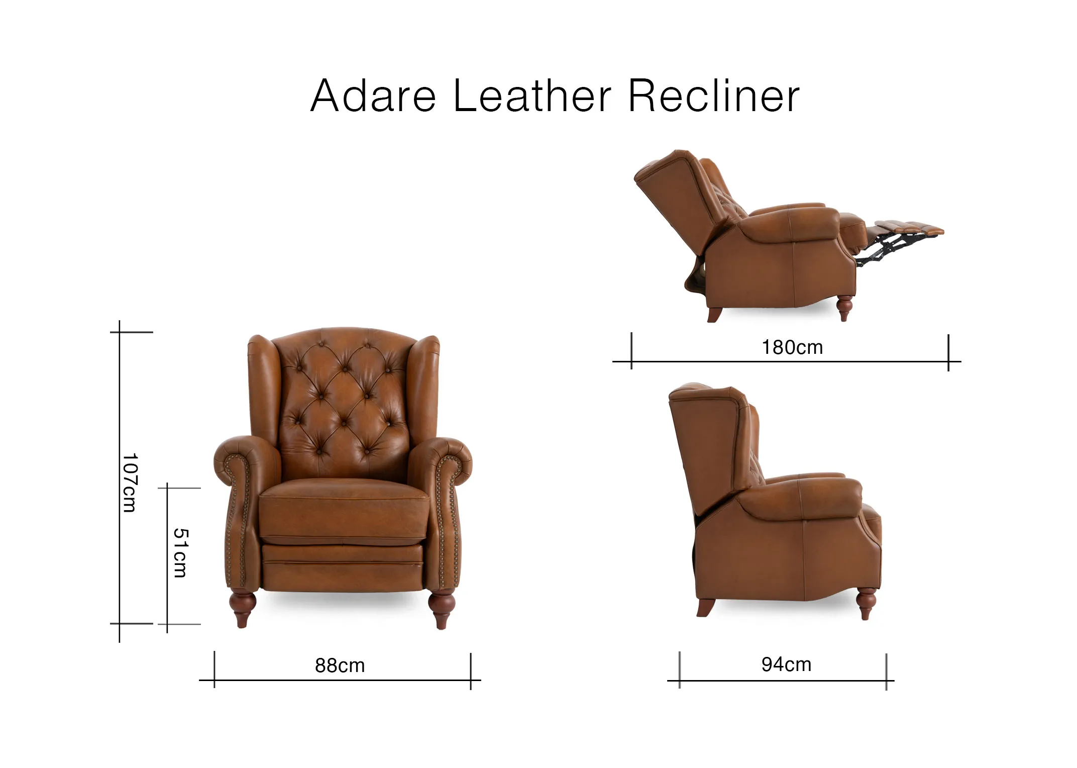 A dimension image of the Adare recliner with 88cm x 94cm x 180cm