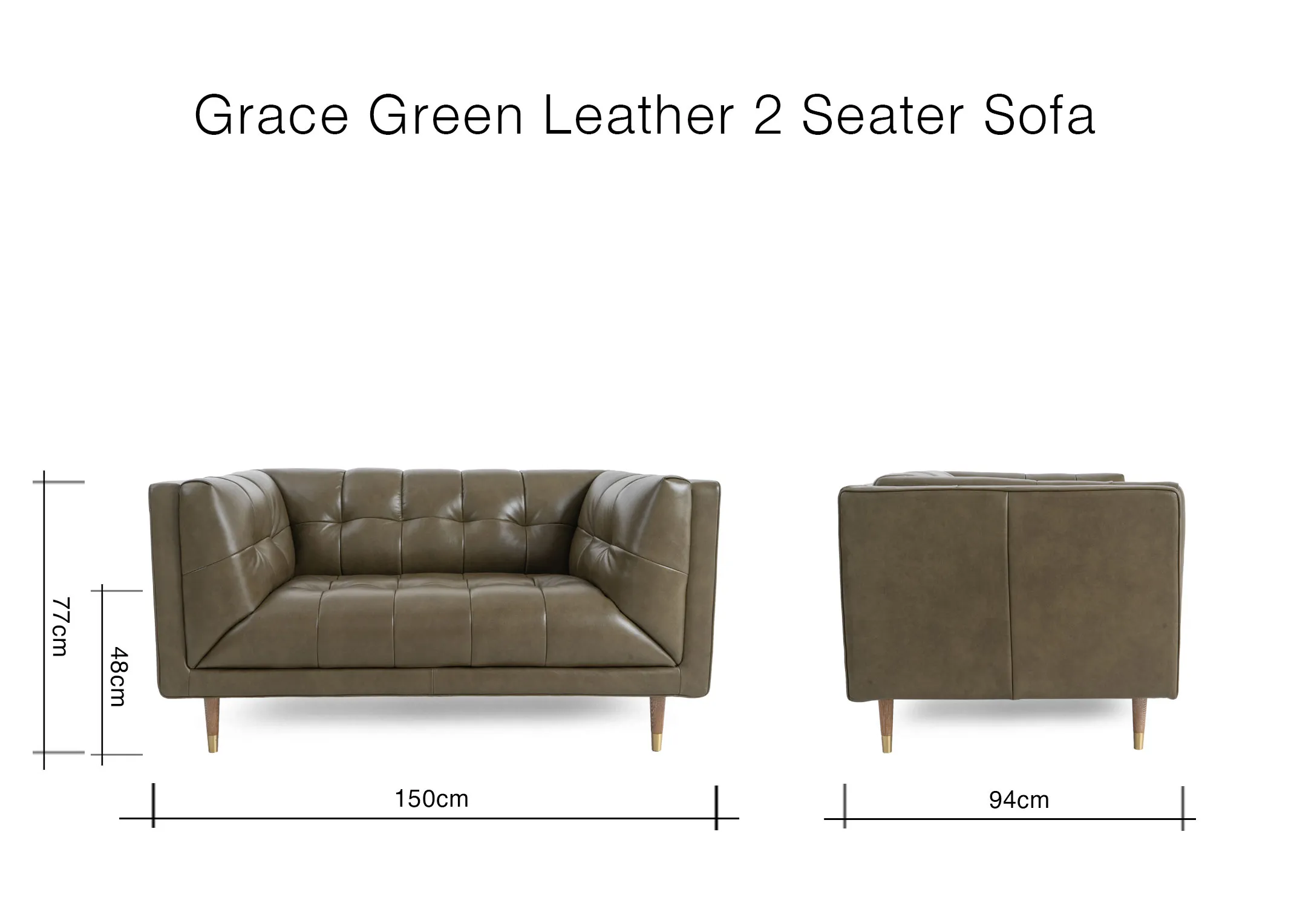 A dimension image of the Grace 2 seater sofa with 149cm x 77cm x 94cm