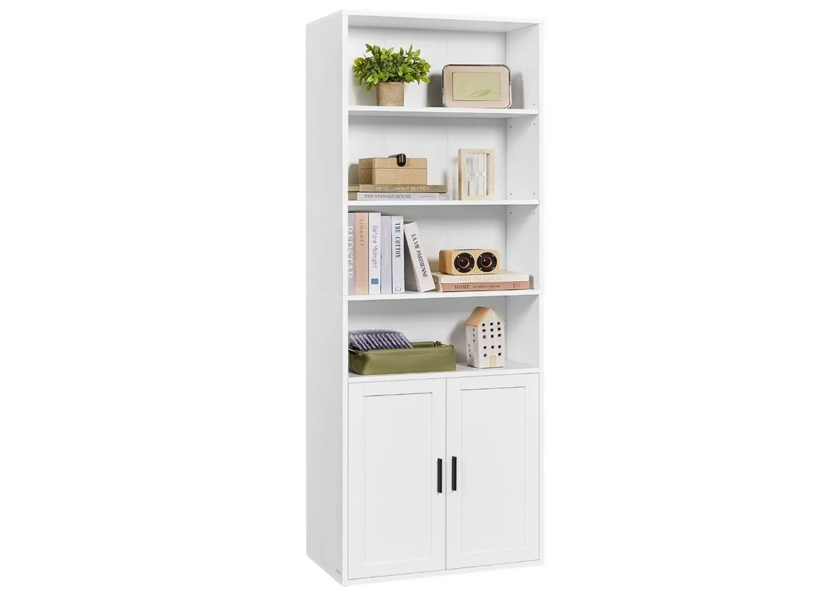 A 2 door white display unit from EZ Livings Skye range. Angled view. of shelves full