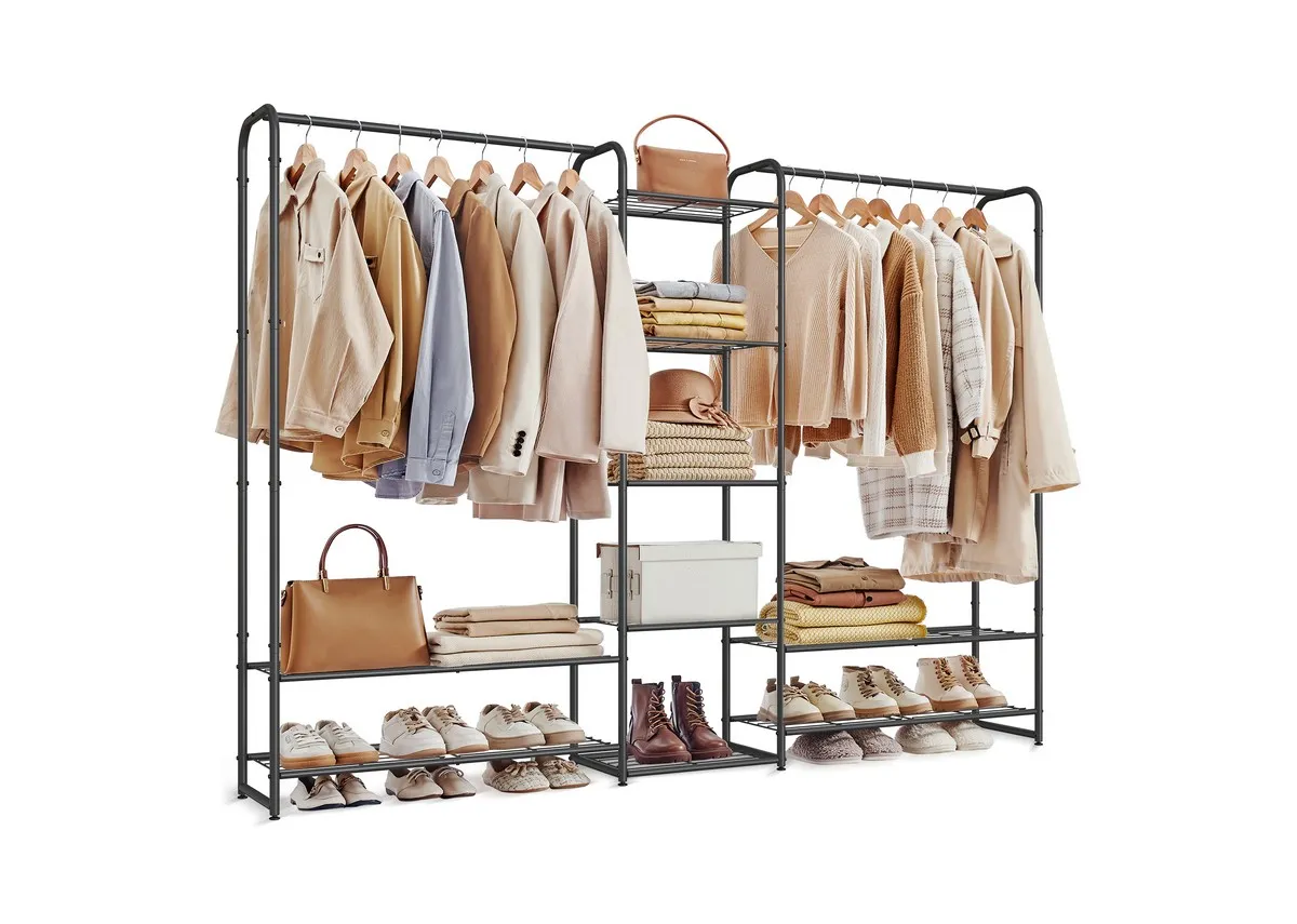 A black open clothes rail from EZ Livings Easyreach range. Angled veiw of hanging and shelf space.