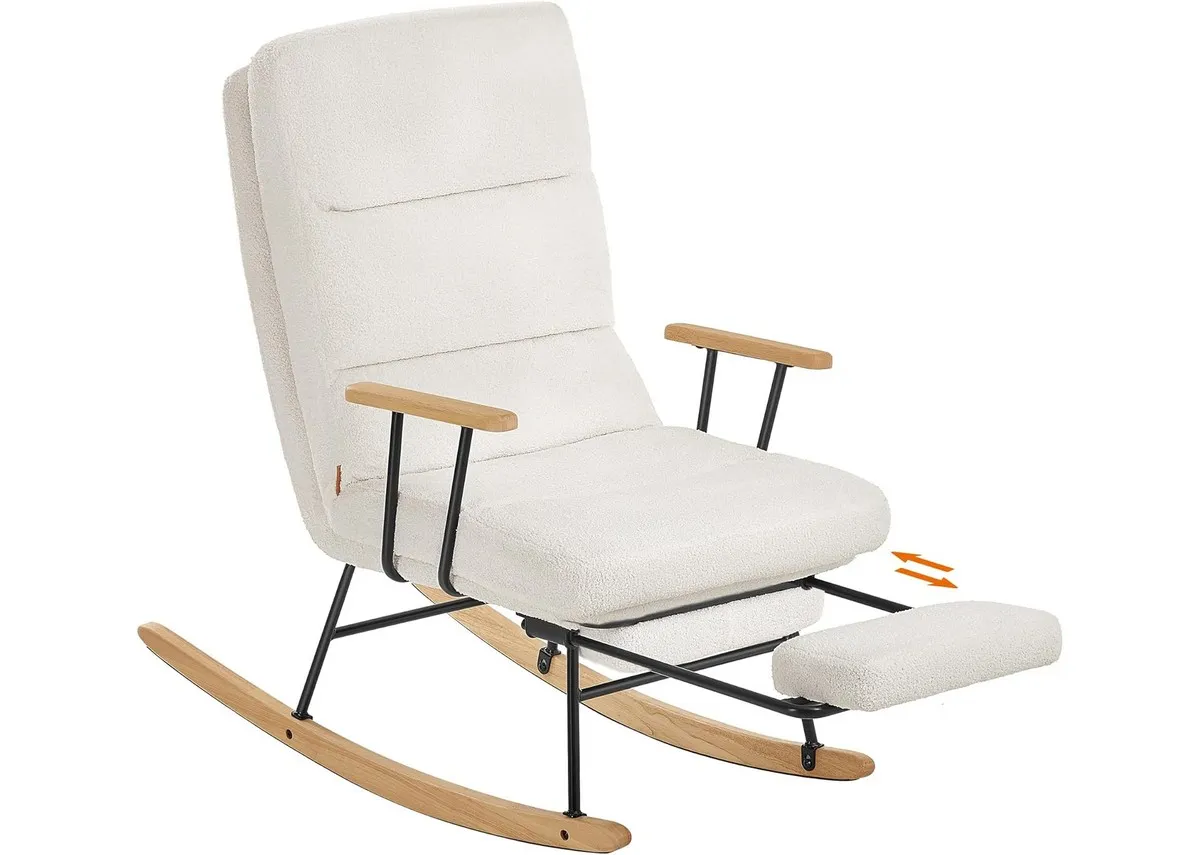 A white boucle rocking chair from EZ Livings Daydreamer range. Angled view of extended footrest.