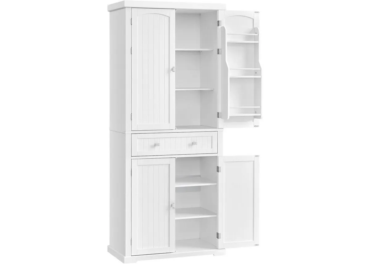 A white display cabinet with top and bottom 4  drawers from EZ Livings Homestead range. Angled view with doors open showing shelf space