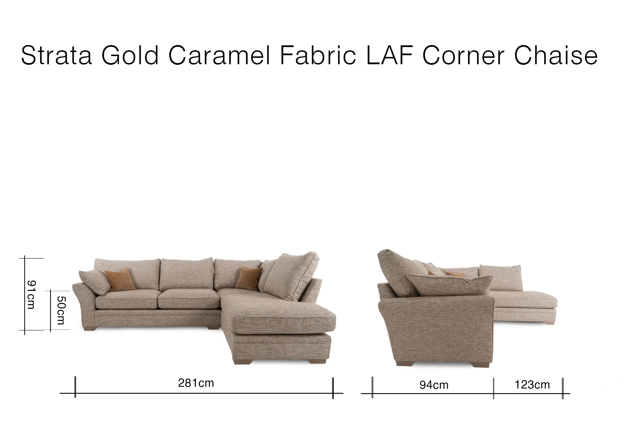 A dimension image of the Strata LAF chaise with 281cm 91cm x 97-122cm