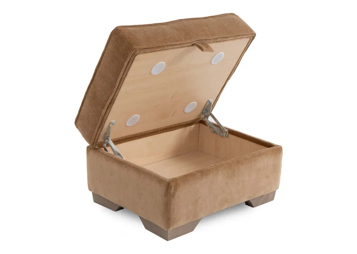An angled image of the Strata footstool from E Living Furniture. Angled view of top open showing storage.