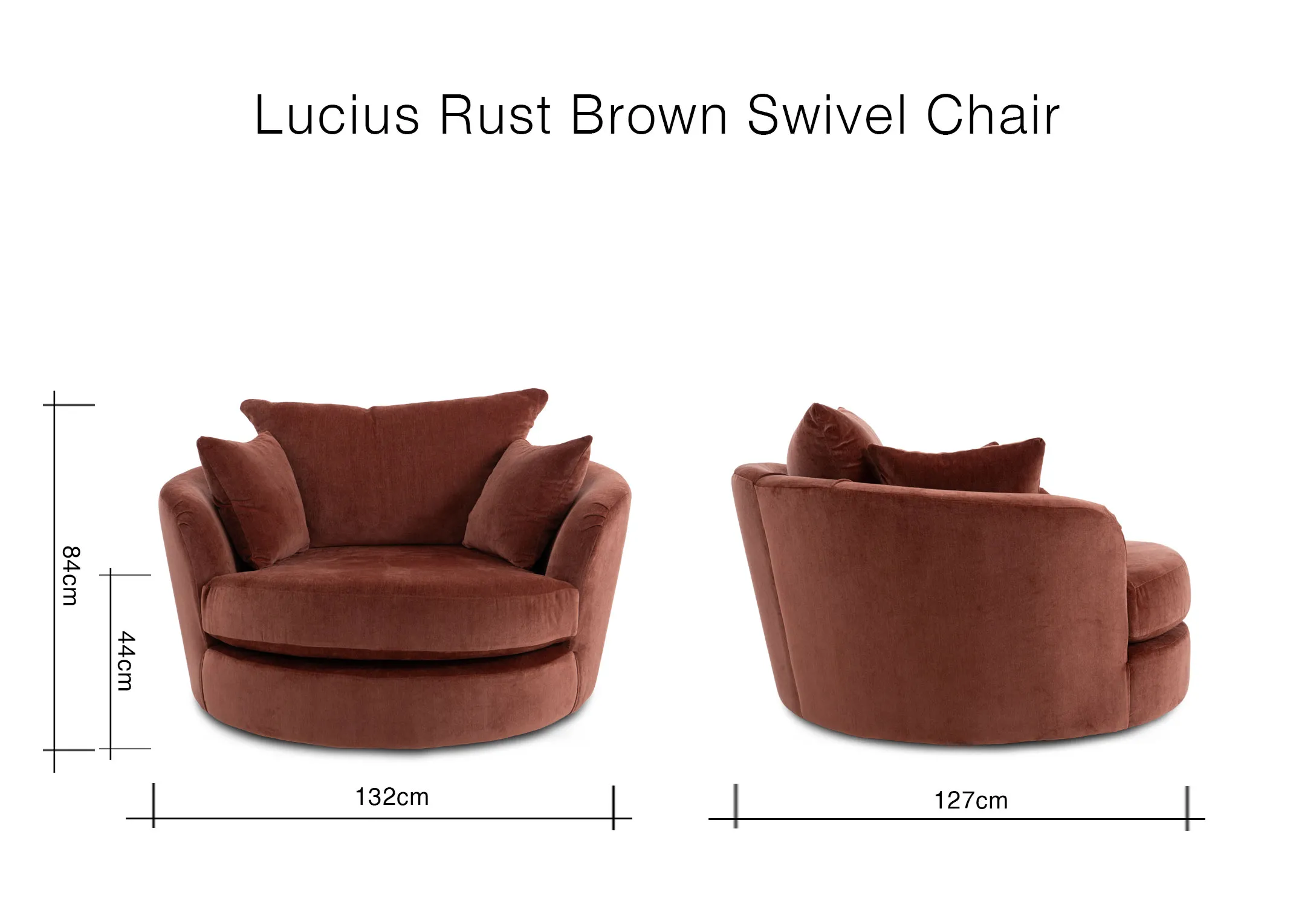 A dimension image of the Lucius Swivel Cuddler with 132cm x 127cm x 84cm