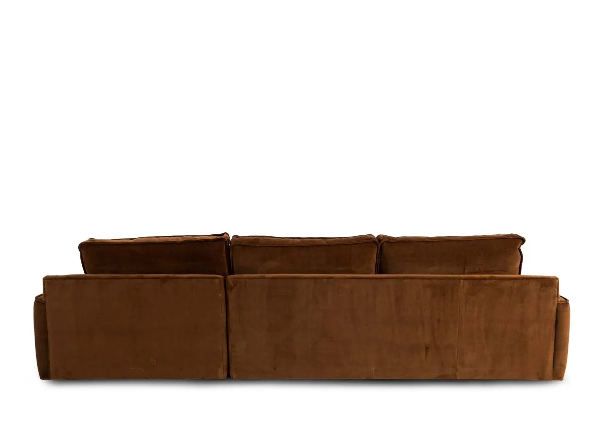 A bronze brown fabric laf corner chaise from EZ Livings Addison range. Back view of solid frame