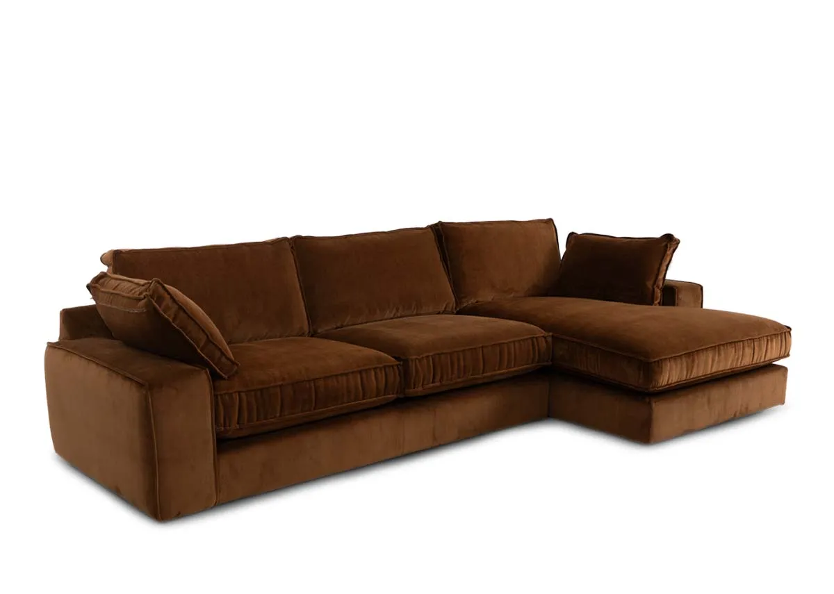 A bronze brown fabric laf corner chaise from EZ Livings Addison range. Angled view of padded seat.