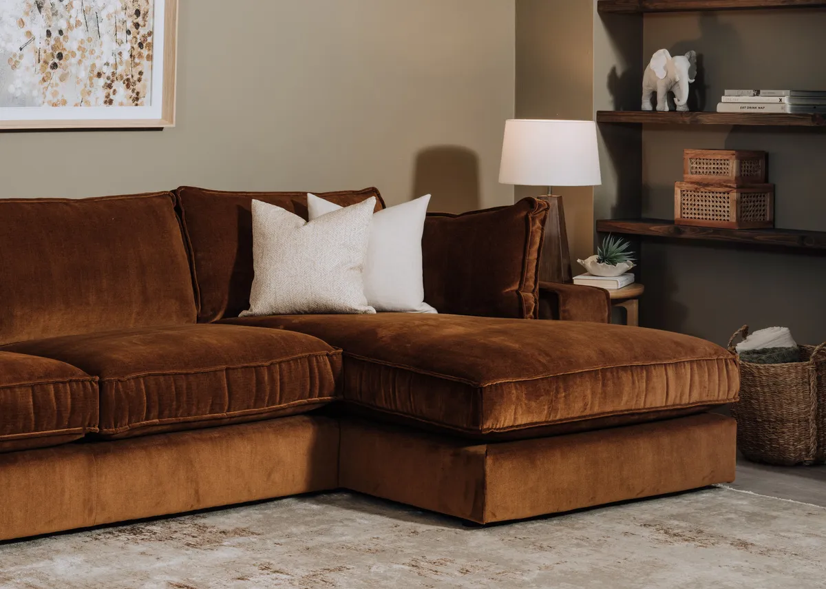 A lifestyle image of the Addison chaise with a closeup of the chaise and fabric.
