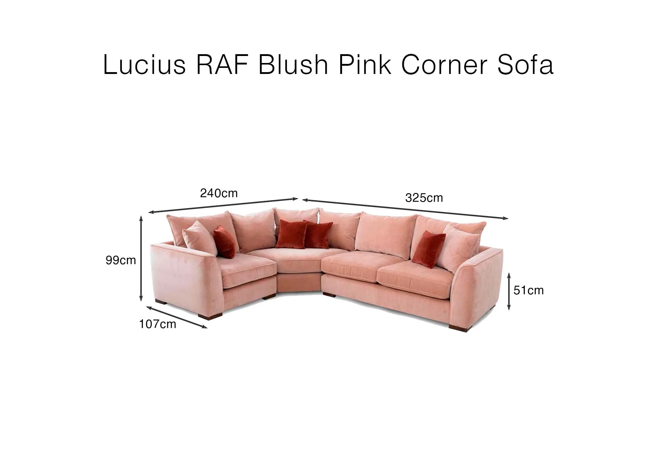 A dimension image of the Lucius RAF Corner sofa with 325cm x 240cm x 99cm x 107cm