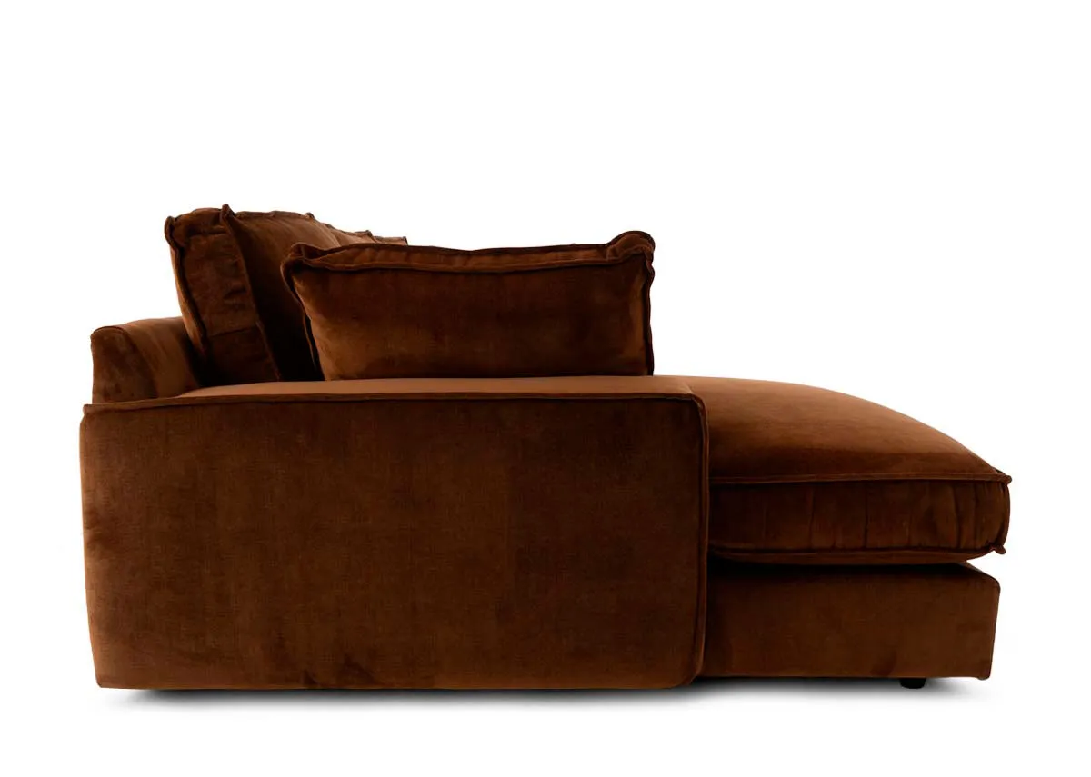 A bronze brown fabric raf corner chaise from EZ Livings Addison range. Closeup of bronze velvet fabric