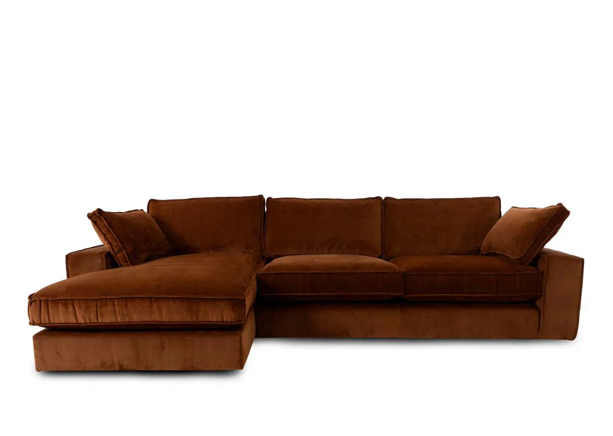 A bronze brown fabric raf corner chaise from EZ Livings Addison range. Side view