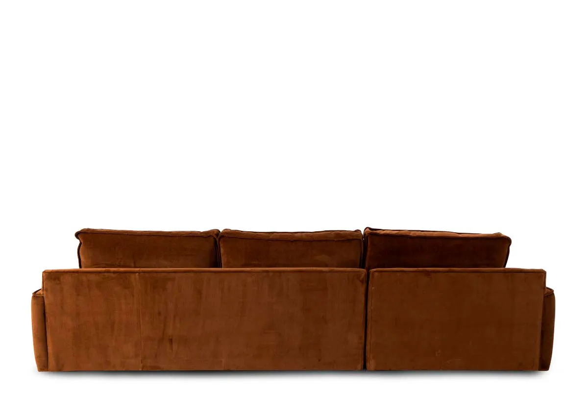 A bronze brown fabric raf corner chaise from EZ Livings Addison range. Back view of solid frame