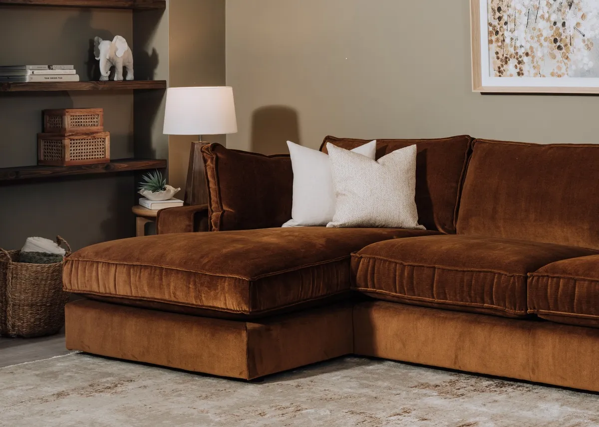 A lifestyle image of the Addison chaise with a closeup of the chaise and fabric.