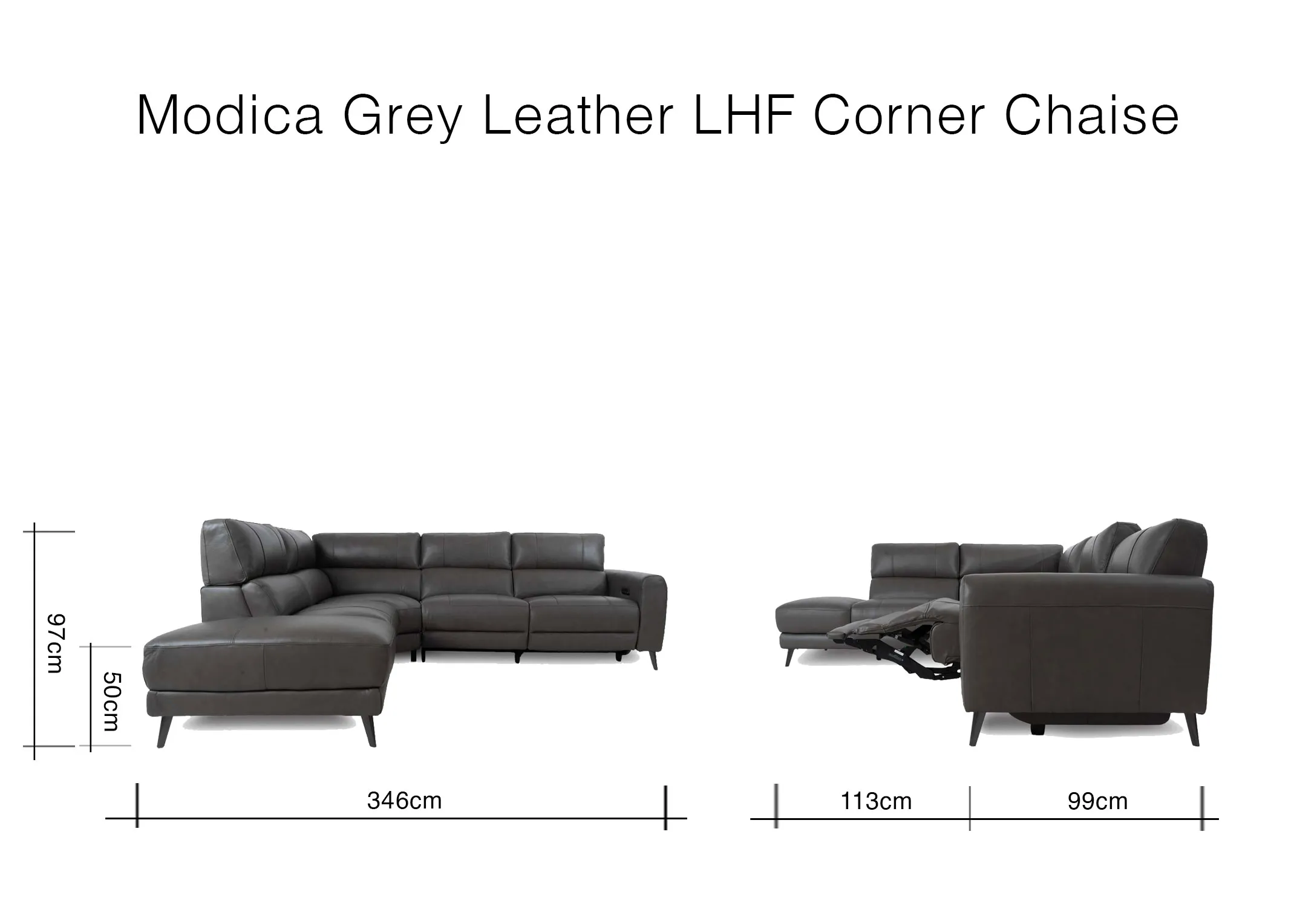 A dimension image of the Modica LHF Corner Chaise with 346cm x 113cm x 99cm