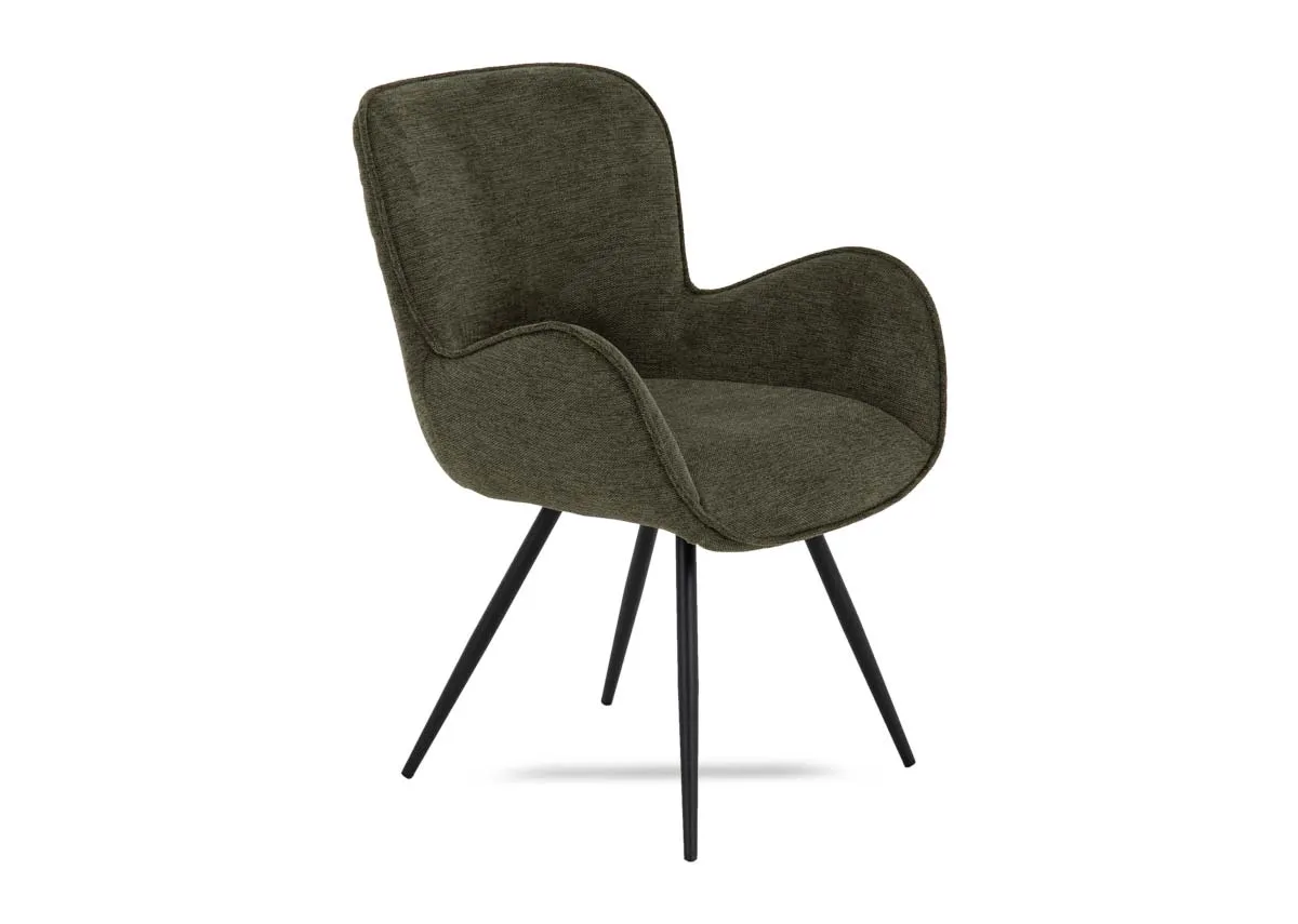 A green fabric dining chair from EZ Livings Lillie range. Angled view of wing sides.