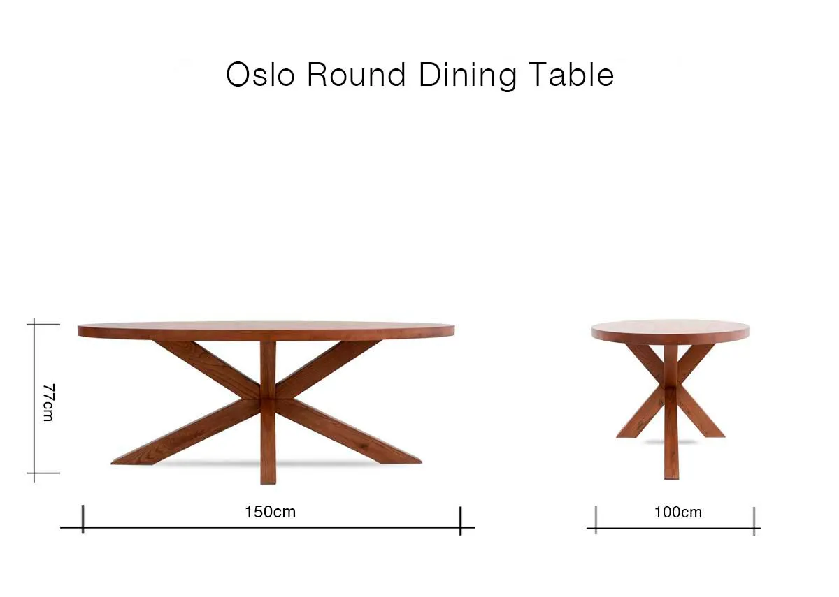 A dimension image of the Oslo Round Table with 150cm x 100cm x 77cm