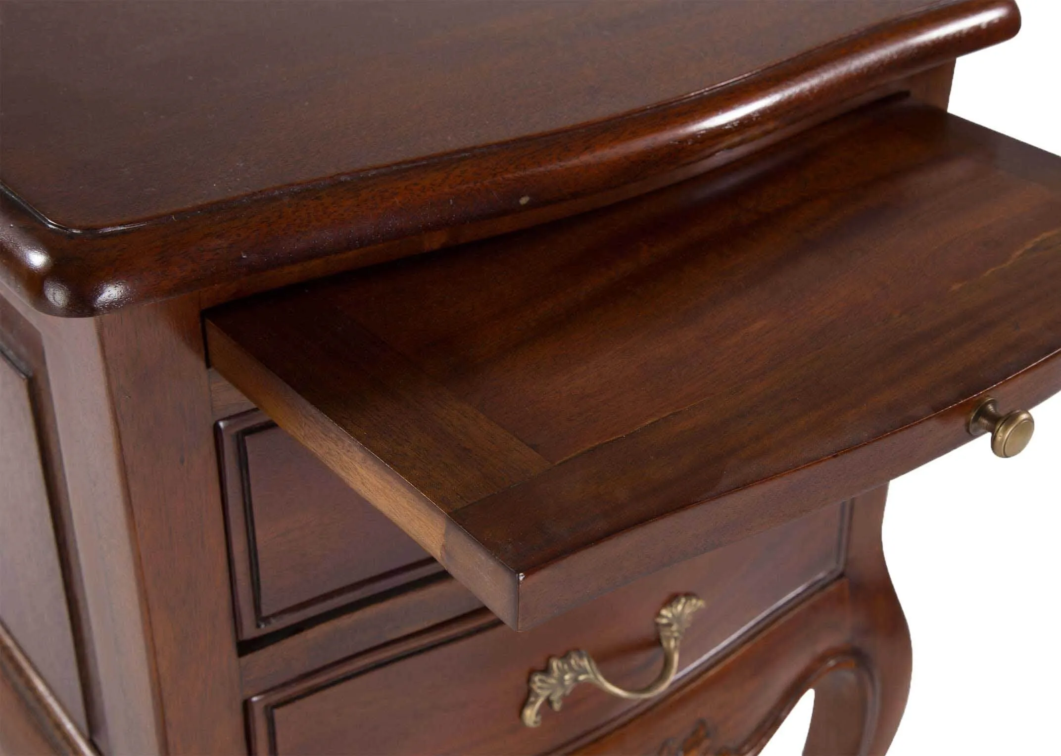 A view of the Lyon 2 drawer mahogany bedside locker with pulled out coffee tray.