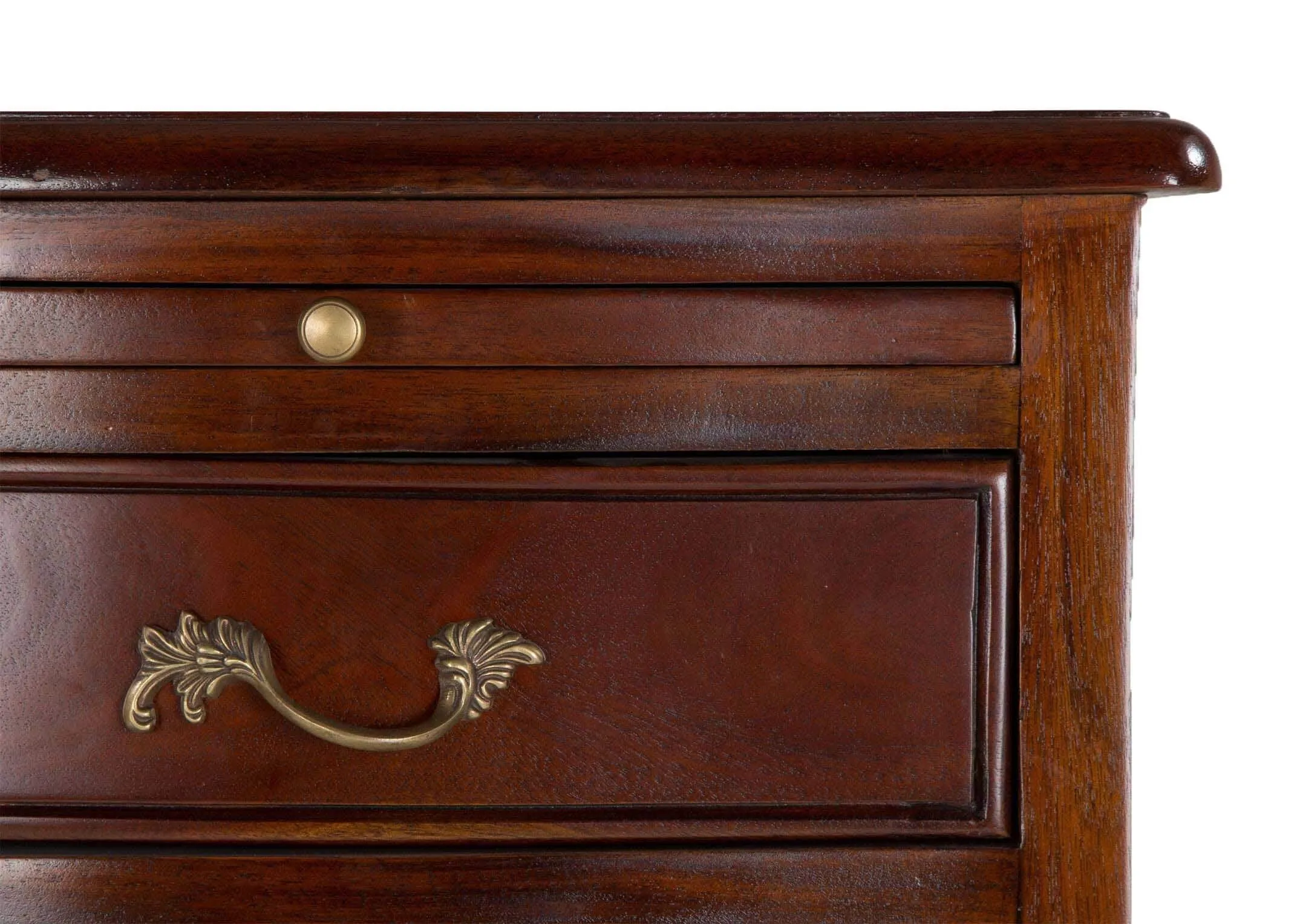 A view of the top corner of the Lyon 2 drawer mahogany bedside locker.