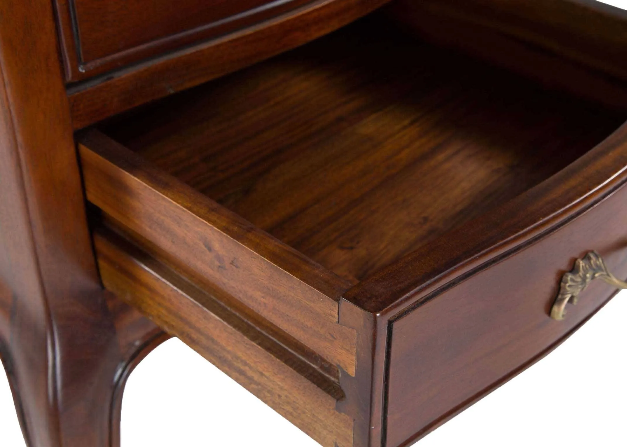 A shot of the inside of an open drawer of the Lyon 2 drawer mahogany bedside locker.