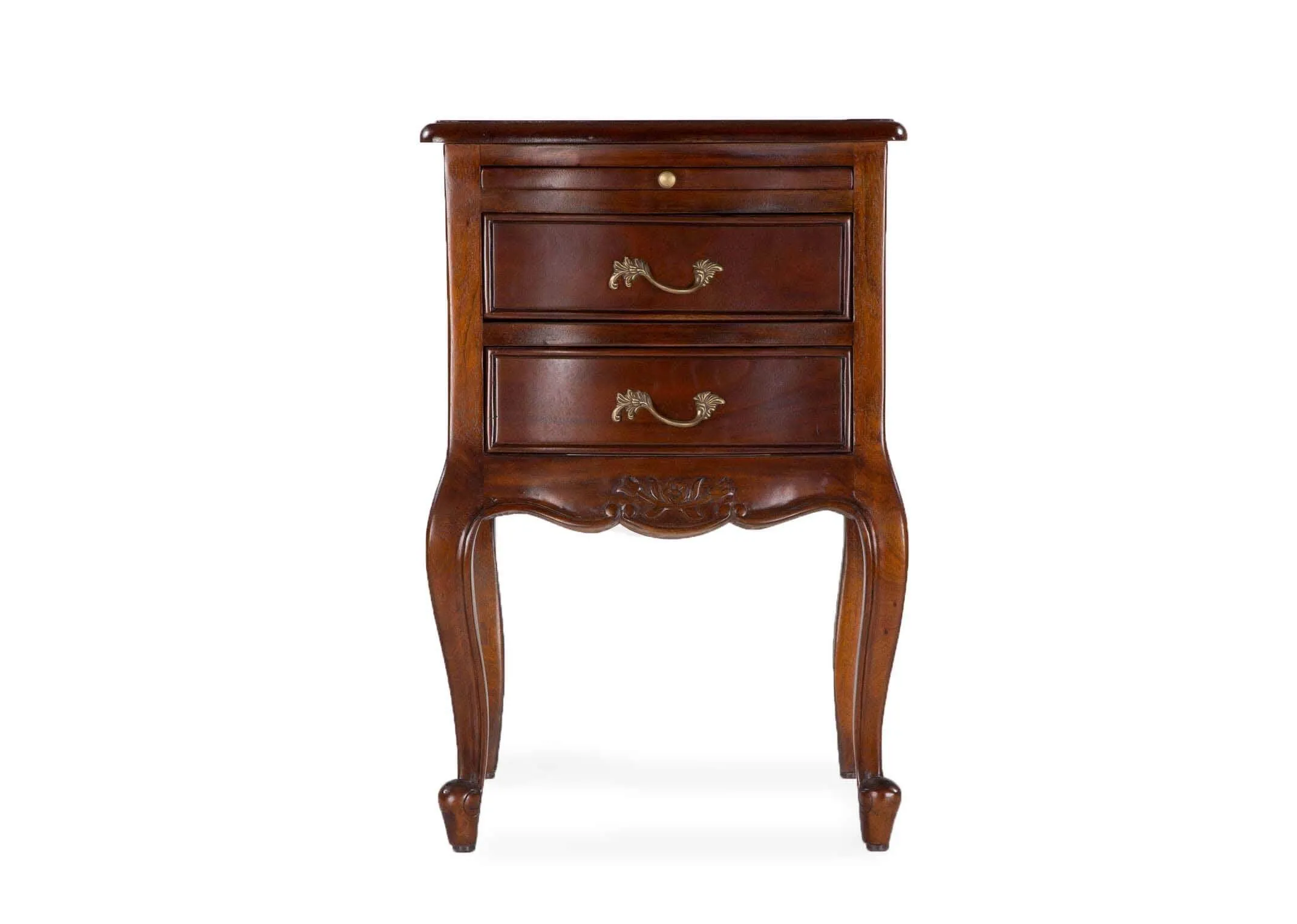 A view of the front of the Lyon 2 drawer mahogany bedside locker.